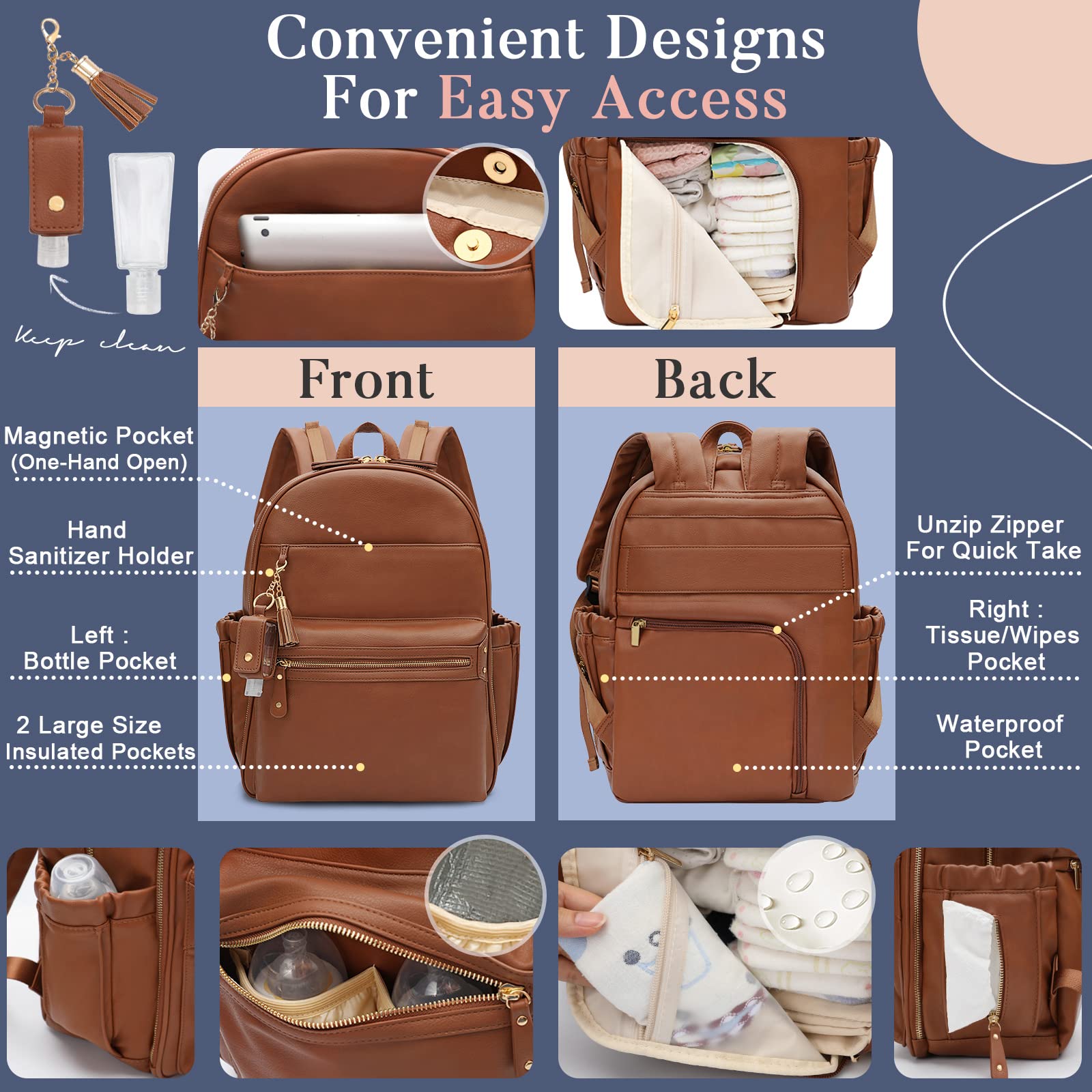 Premium Leather Diaper Backpack for Moms - Large Waterproof Baby Bag with Changing Pad & Stroller Straps | Multi-Functional Travel Backpack for Parenting, Outings & Family Trips (Brown)