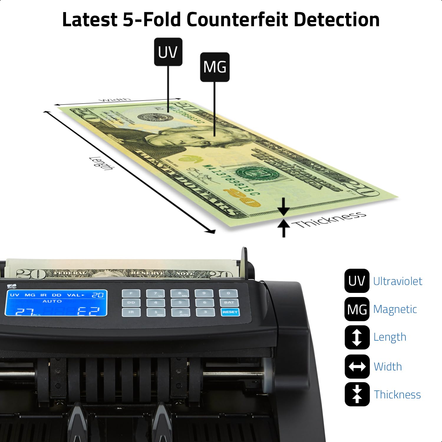 ZZap NC20i Bill Value Counter & Counterfeit Detector Machine - Fast & Accurate Currency Counting with UV/MG/IR Detection - Perfect for Banks, Retail Stores, and Cash-Intensive Businesses