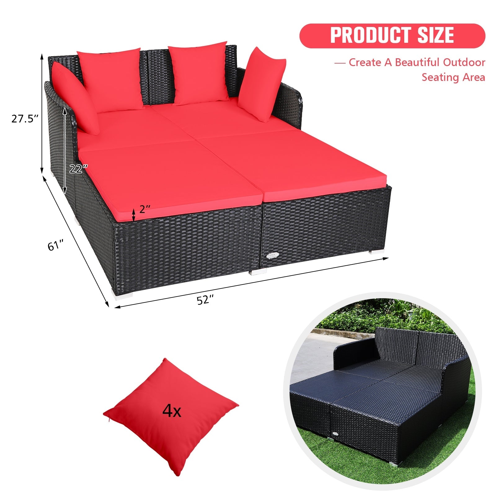 Premium Outdoor Rattan Daybed with Comfortable Upholstered Cushions & Pillows - Water-Resistant Red Wicker Patio Furniture for Poolside, Garden, or Backyard Relaxation