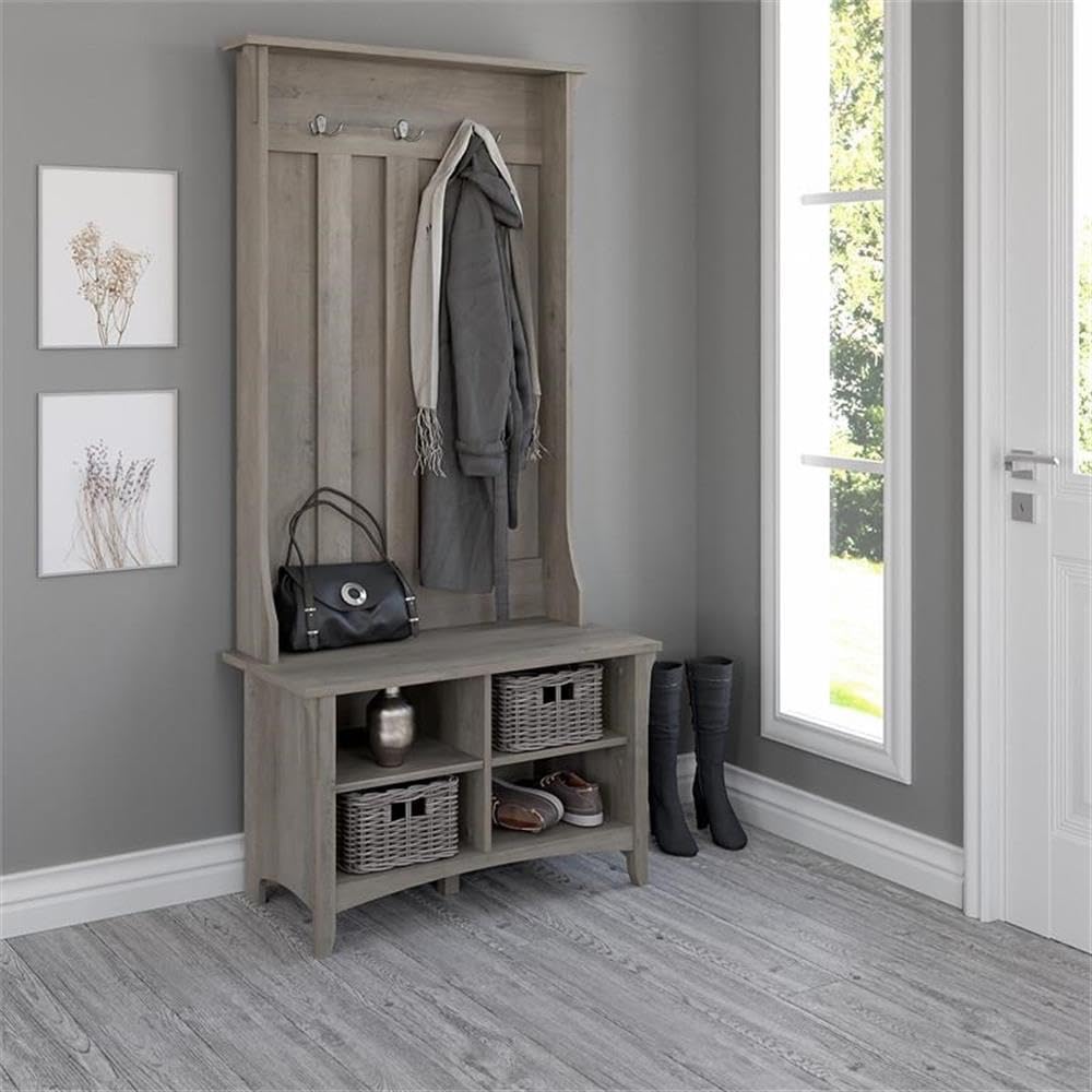 BOWERY HILL Salinas Hall Tree with Shoe Storage - Driftwood Gray Entryway Organizer for Coats, Hats & Shoes | Perfect for Mudrooms, Foyers & Small Spaces