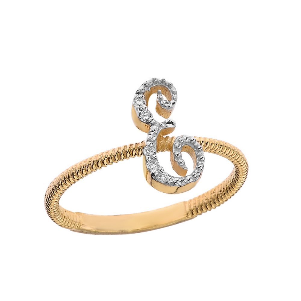 14K Yellow Gold Diamond Initial Letter E Stackable Rope Ring for Women - Perfect for Layering, Gift Giving & Everyday Elegance