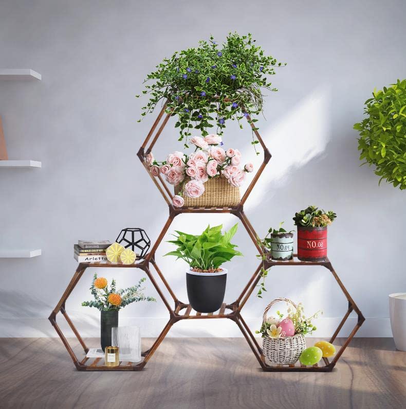 SUZAMI 7-Tier Hexagonal Wooden Plant Stand for Indoor & Outdoor Use - Large Multi-Tier Plant Shelf for Plants, Flowers, DIY Corner Garden Decor - Perfect for Living Room, Balcony, Patio, and Home Gardening