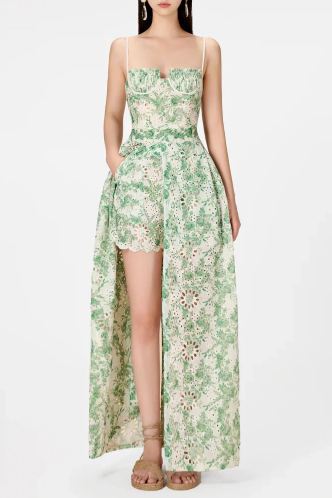 Abetzi Floral Embroidered Shorts & Maxi Dress Set - Green | Summer Boho Outfit for Beach Vacation & Casual Wear