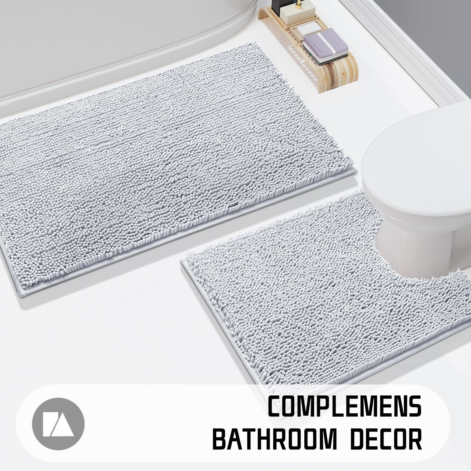 Yimobra Luxury Chenille Shaggy Bathroom Rug Mat - 32''x20'' Extra Soft & Thick Absorbent Non-Slip Bath Mat for Bathroom Floor, Tub & Shower - Machine Washable Silver Bath Rug - Perfect for Spa-Like Bathroom Decor & Cozy Home Comfort