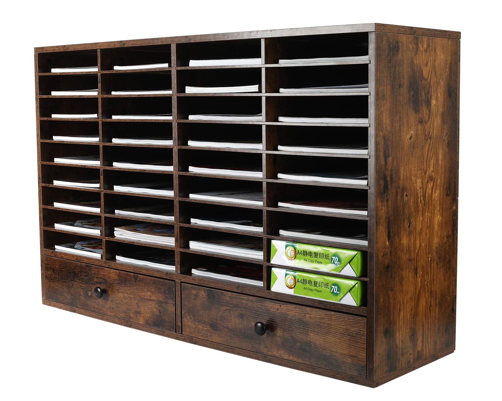 PAG Wooden Mail Sorter Organizer - 38 Compartment Literature Holder for Classroom & Office - Desktop Paper Bill Organizer for Home, School & Workspace - Antique Brown - Perfect for Teachers, Students & Office Professionals