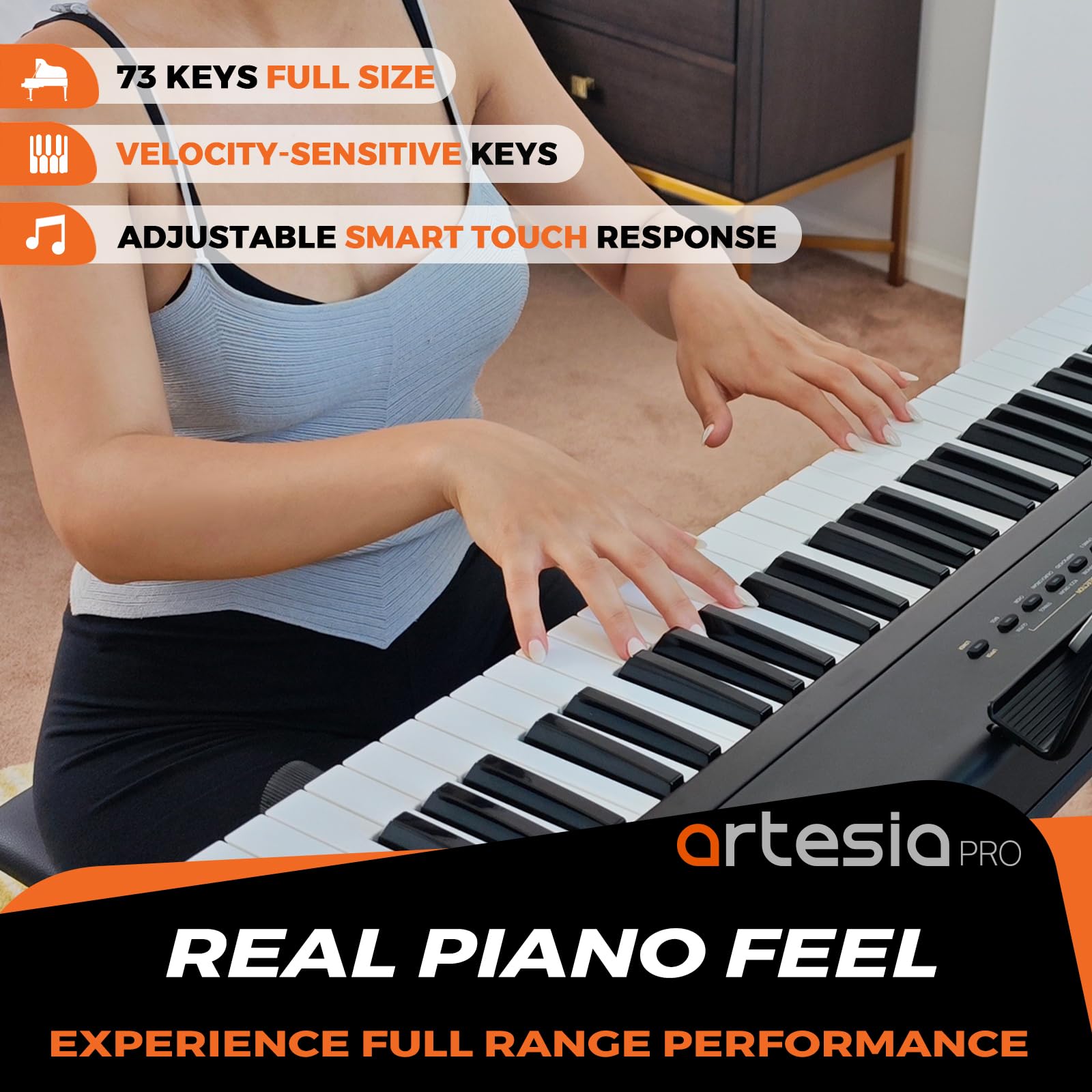 Artesia 73-Key Portable Digital Piano with Weighted & Velocity-Sensitive Keys - Includes Sustain Pedal & Melodics Live Lessons - Perfect for Home Practice, Studio Recording & Live Performances