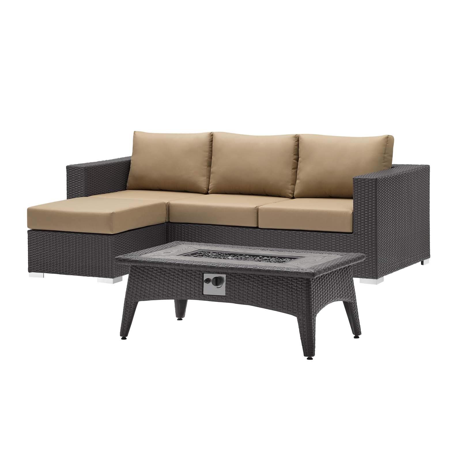 Modern Outdoor Patio Furniture Set - 3-Piece Wicker Sofa, Chair & Coffee Table with Fire Pit - Light Brown Rattan Fabric - Perfect for Backyard, Garden or Poolside Relaxation