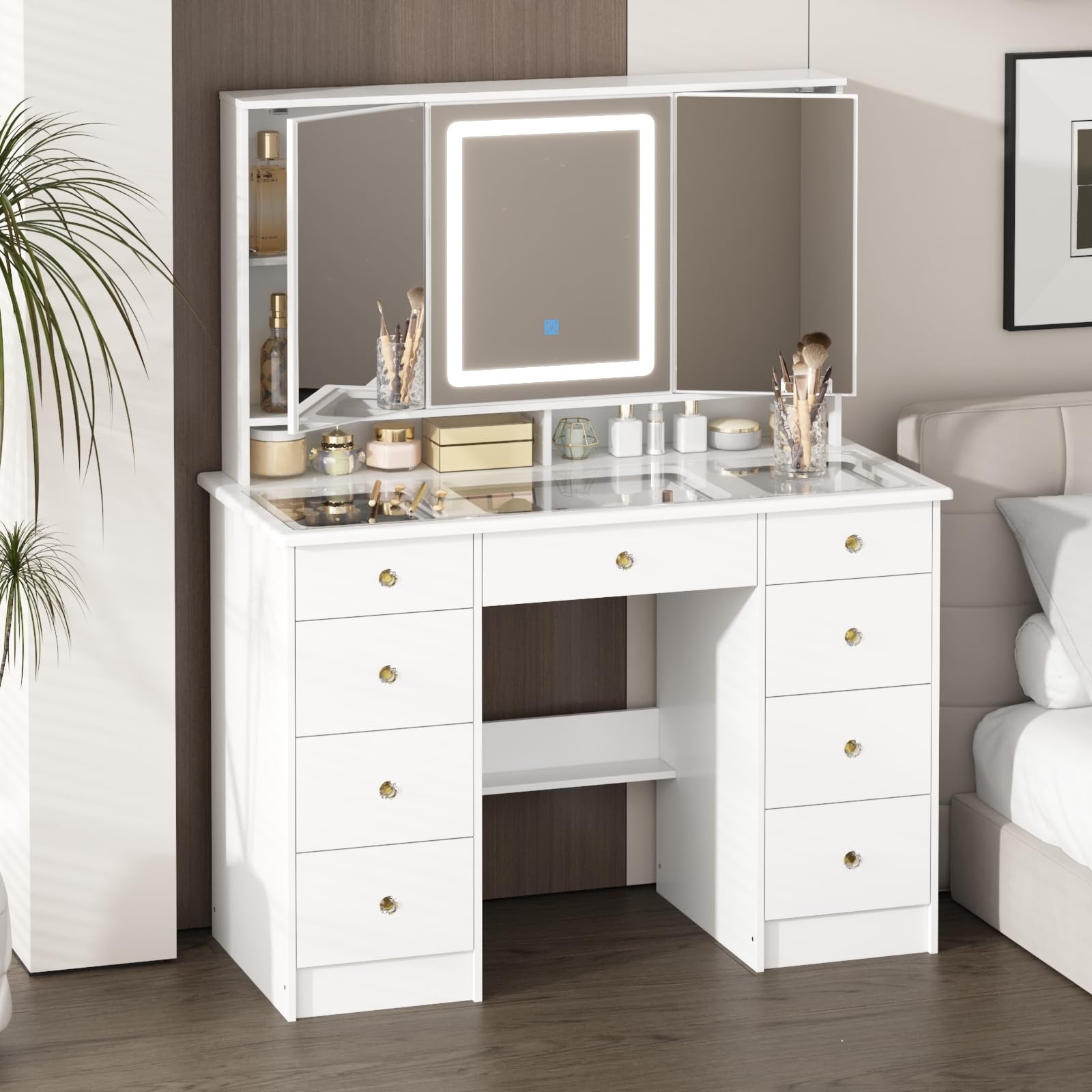 FUFU&GAGA White Modern Vanity Desk with Mirror & LED Lights, 9 Drawers & Hidden Shelves, Large Glass Top Makeup Dressing Table for Bedroom (43.3”W x 19.7”D x 53.6”H) - Perfect for Makeup Organization, Home Salon Setup & Glam Room Decor
