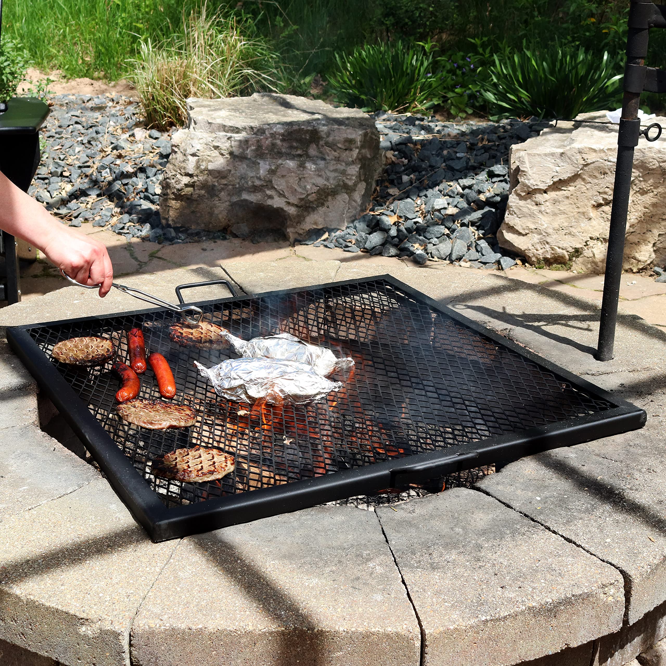Sunnydaze X-Marks 24-Inch Square Black Steel Fire Pit Cooking Grate with Handles - Heavy Duty BBQ Grill for Camping, Backyard, Patio & Outdoor Cooking