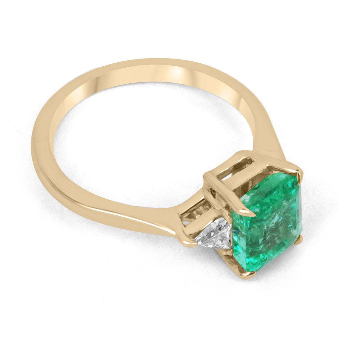 2.45tcw 18K Yellow Gold Natural Emerald Cut Trillion Diamond Prong Set Dark Green 3 Stone Ring for Engagement, Anniversary & Special Occasions - Luxury Fine Jewelry Gift for Women
