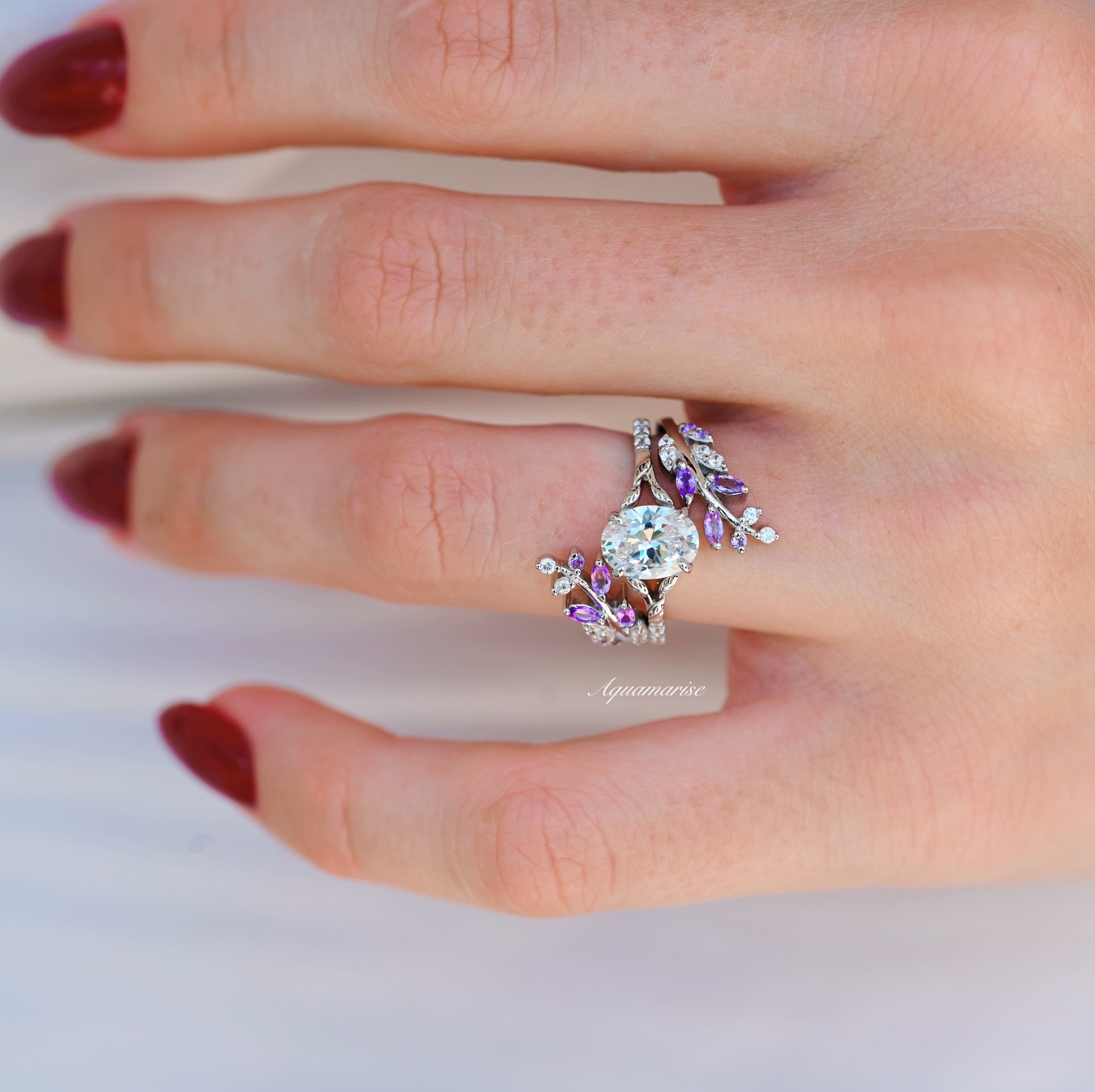 IGI Certified 14K White Gold Lab Grown Diamond & Amethyst Leaf Ring Set for Women - Elegant Nature-Inspired Jewelry Gift for Anniversary, Wedding & Special Occasions