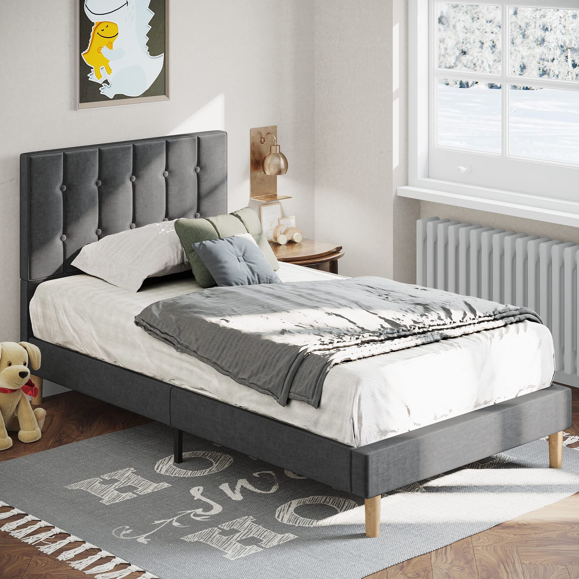 LIKIMIO Twin Bed Frame with Headboard - Velvet Upholstered Platform Bed with Wooden Slats, No Box Spring Needed, Noise Free, Easy Assembly, Grey - Perfect for Small Bedrooms, Guest Rooms & Dormitories