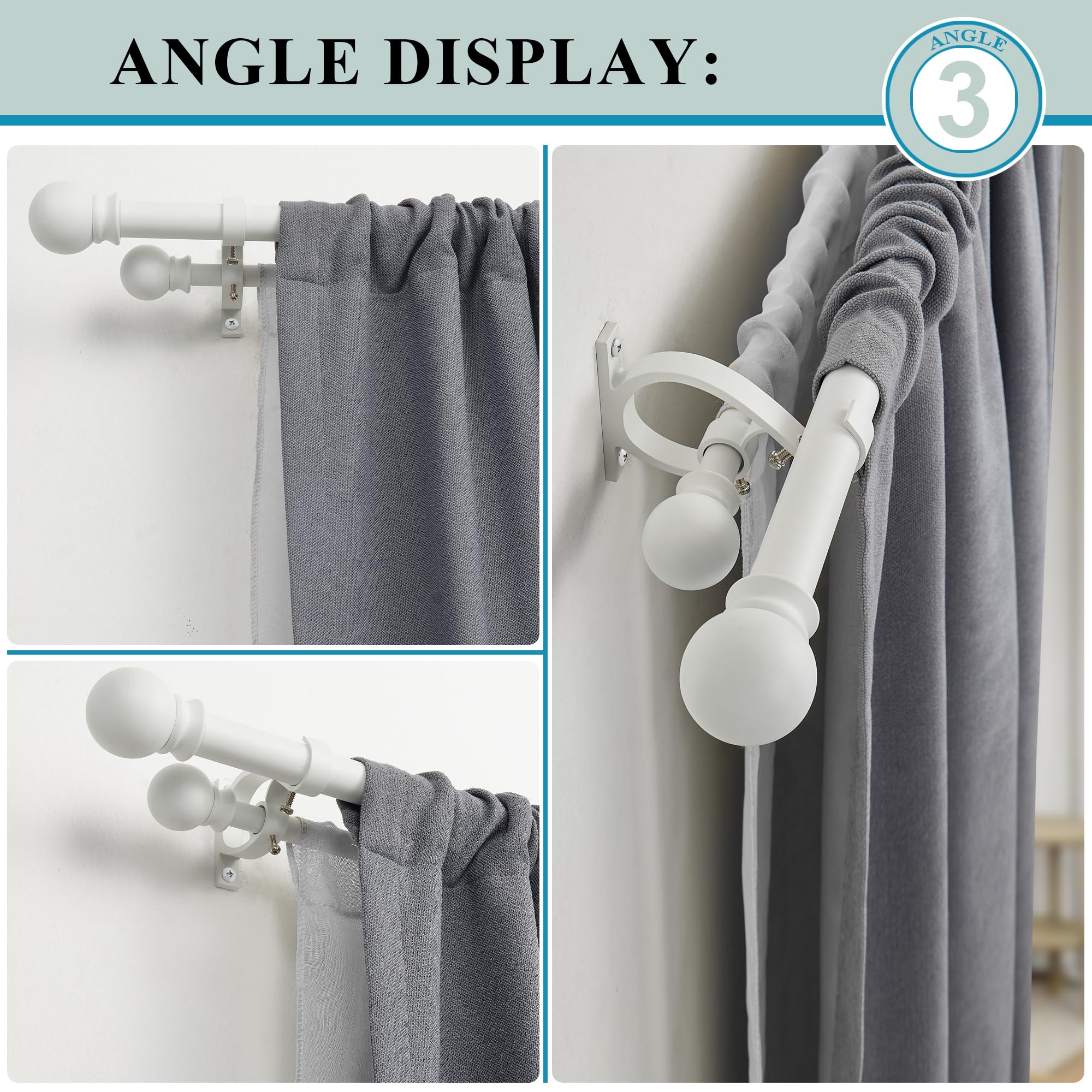 Matte White Double Curtain Rods 36-72 Inch Adjustable - 1’’ Front & 5/8’’ Back Drapery Rod with Small Round Ball Finials & Aluminum Brackets - Dual Window Rod for Sheer & Blackout Curtains - Perfect for Living Room, Bedroom & Home Decor