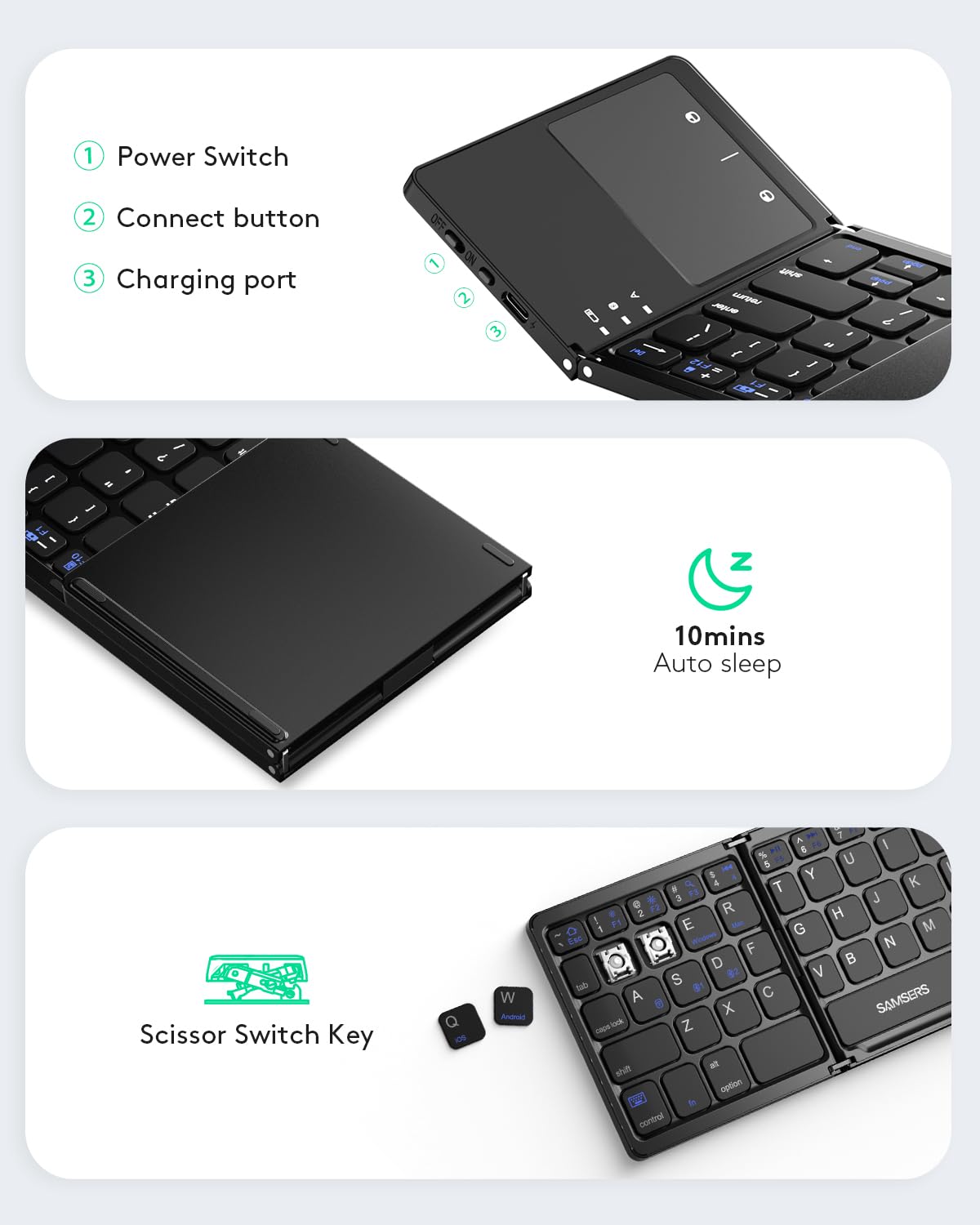 Samsers Foldable Bluetooth Keyboard with Touchpad - Rechargeable Dual-Mode Wireless Keyboard (2.4G+BTx2) for Android, Windows, iOS, Mac OS - Portable Travel Keyboard with Phone Holder - Perfect for Business Trips, Remote Work & Mobile Office - Black