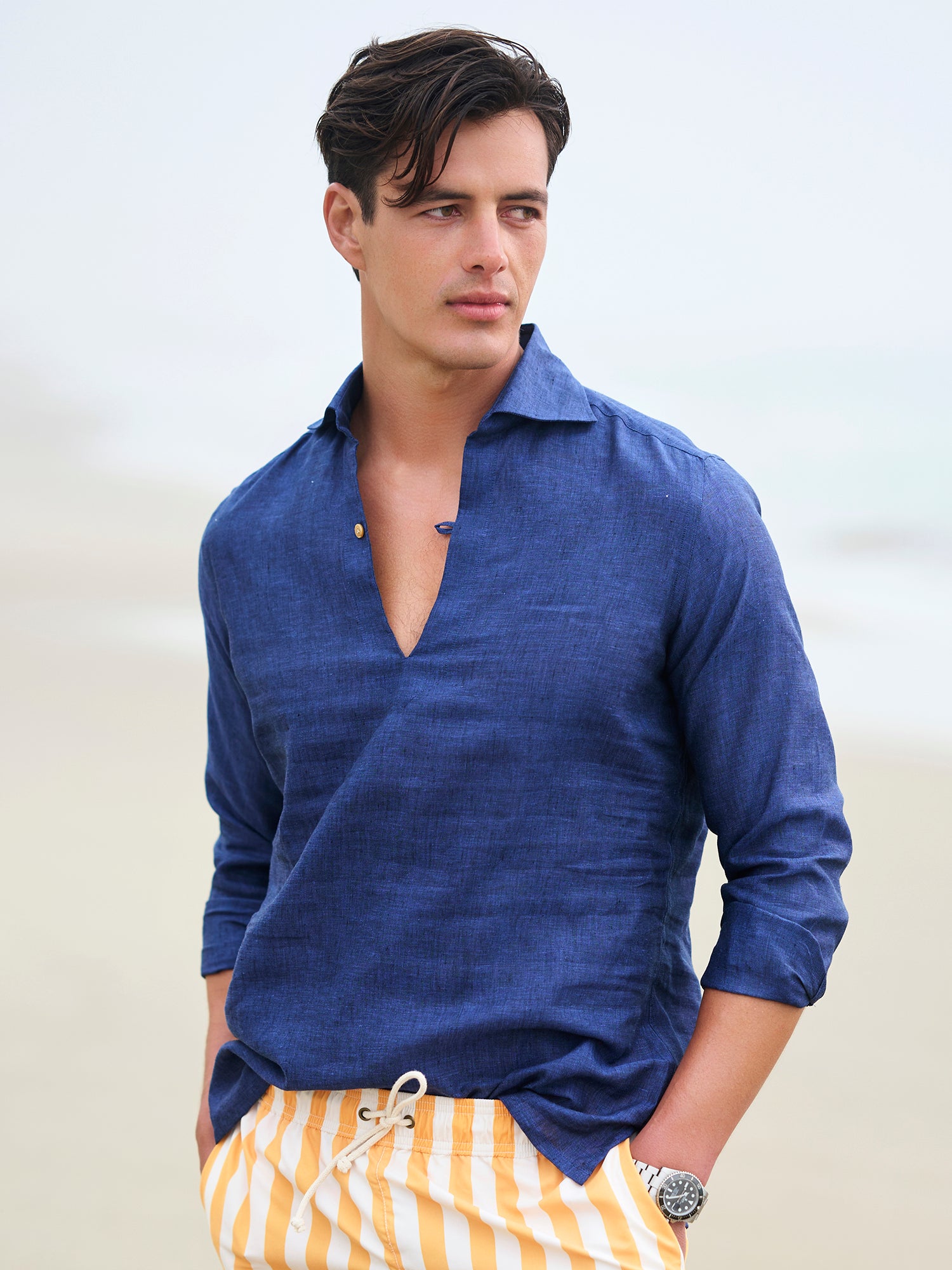 Capri Navy Linen Shirt for Women - Breathable Summer Casual Button Down Top | Perfect for Beach, Office & Vacation Wear