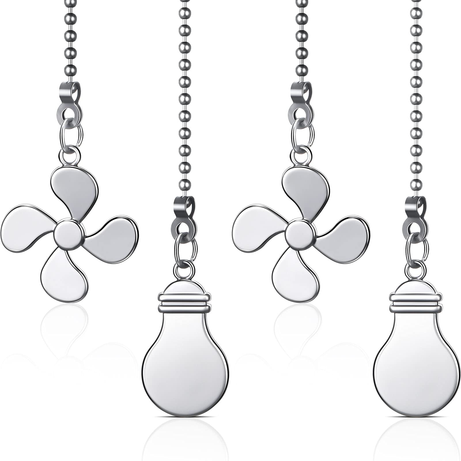 12 Inch Decorative Ceiling Fan Pull Chain Extension - Silver Pull Chain Extender with Fan & Light Bulb Connector (4 Pack) - Perfect for Bedroom, Living Room & Home Decor