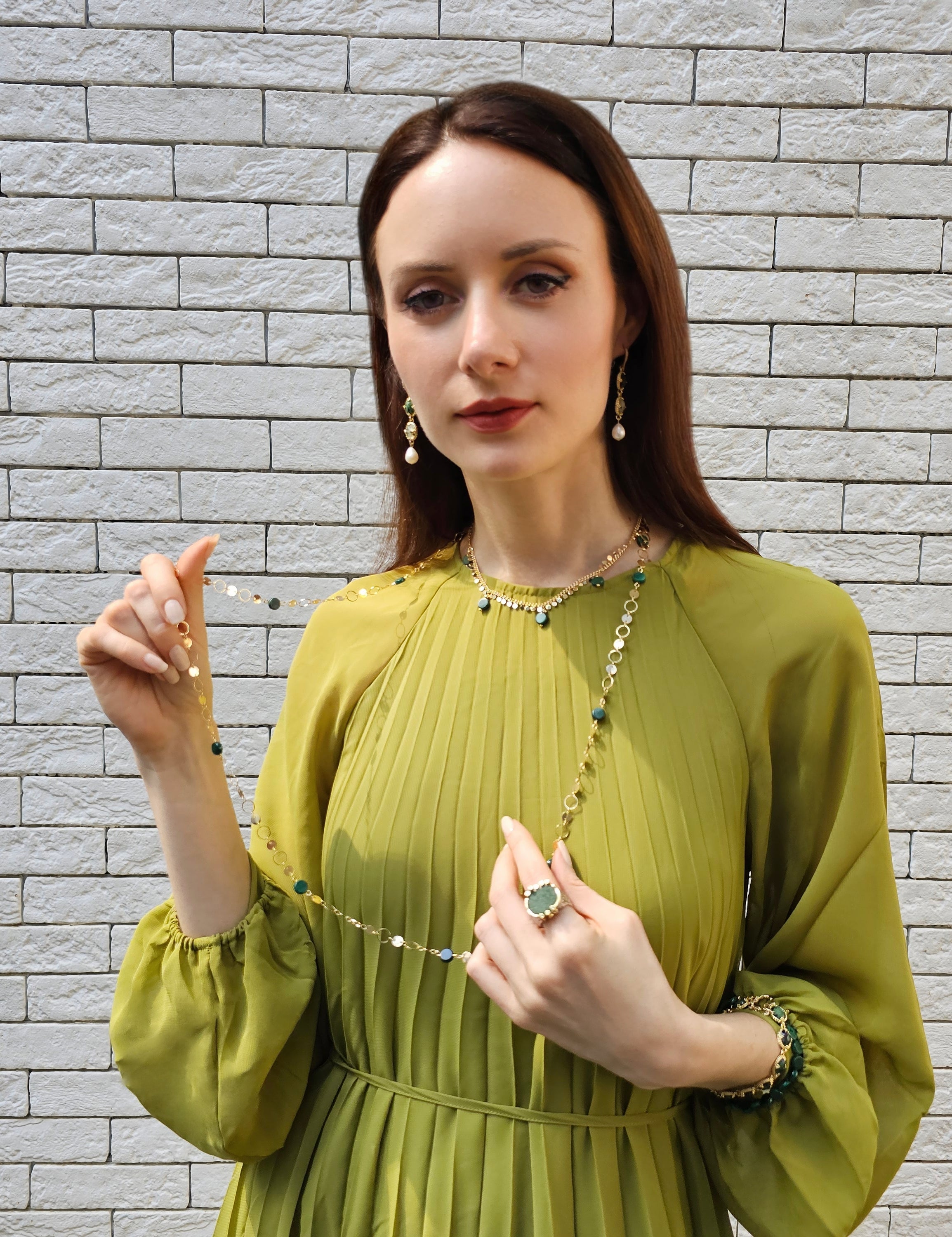 Green Gemstone and White Pearls Dangle Earrings PE043 | Elegant Jewelry for Women, Perfect for Parties, Weddings & Special Occasions
