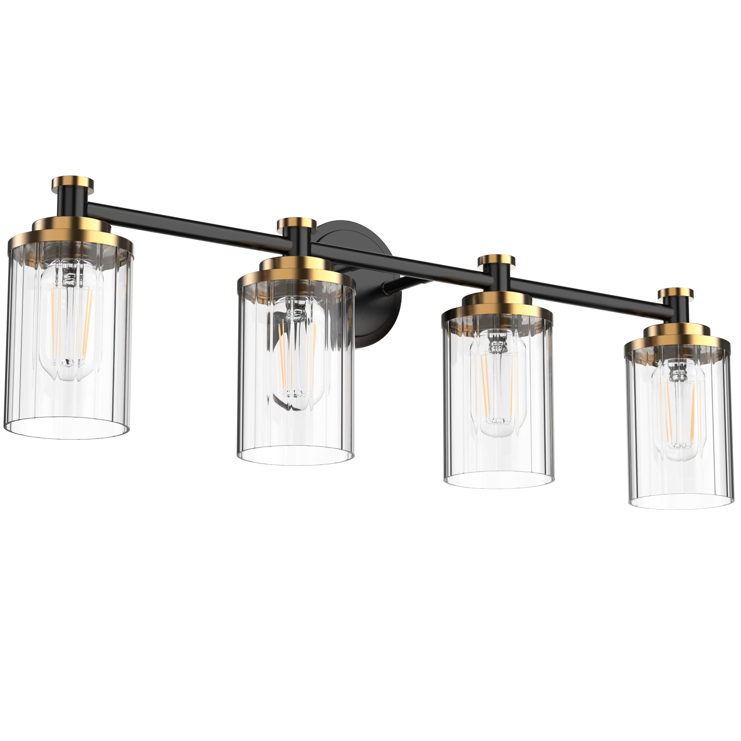 Black and Gold Bathroom Vanity Light Fixture - 4-Light Cylindrical Clear Striped Glass Lampshade with E26 Socket Base - Modern Over Mirror Lighting for Bathroom, Powder Room & Dressing Area