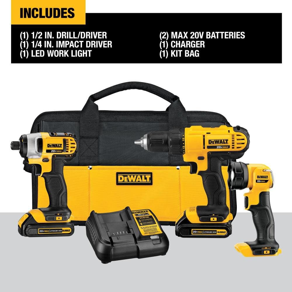 DEWALT 20V MAX Cordless Drill/Driver Kit with LED Work Light - 3-Tool Combo Set Includes 2 Batteries & Charger (DCK340C2) - Perfect for DIY Projects, Home Repairs & Professional Construction Work