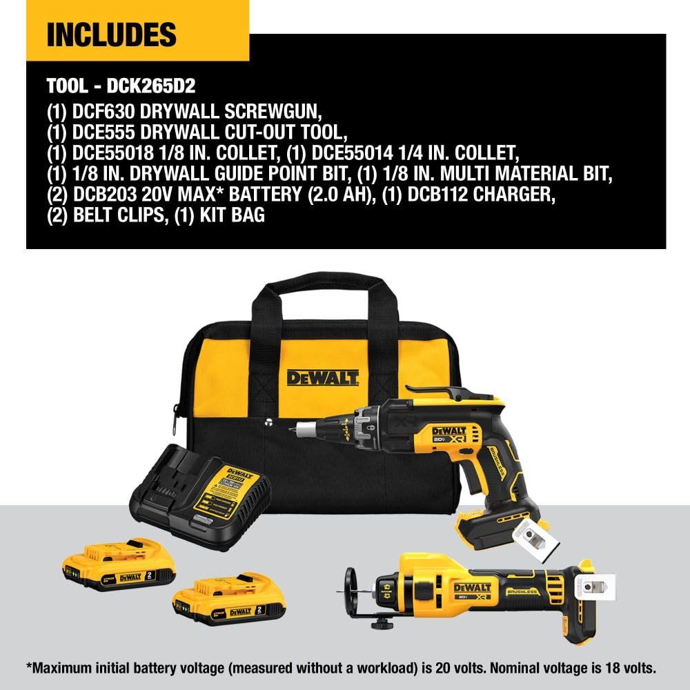 DEWALT 20V MAX XR Brushless Drywall Screw Gun & Cut-Out Tool Combo Kit with 2 Batteries, Charger (DCK265D2) - Professional Drywall Installation & Remodeling Power Tool Set for Contractors and DIY Projects