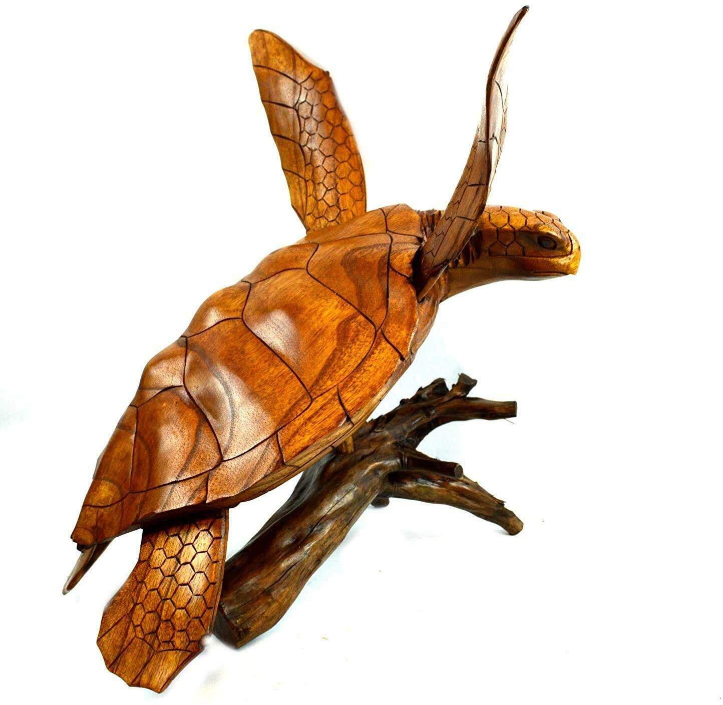 Hand Carved Mahogany Wood Turtle Statue - Unique Ocean Coral Decor, Large Handmade Turtle Sculpture for Home, Office & Beach House Decor