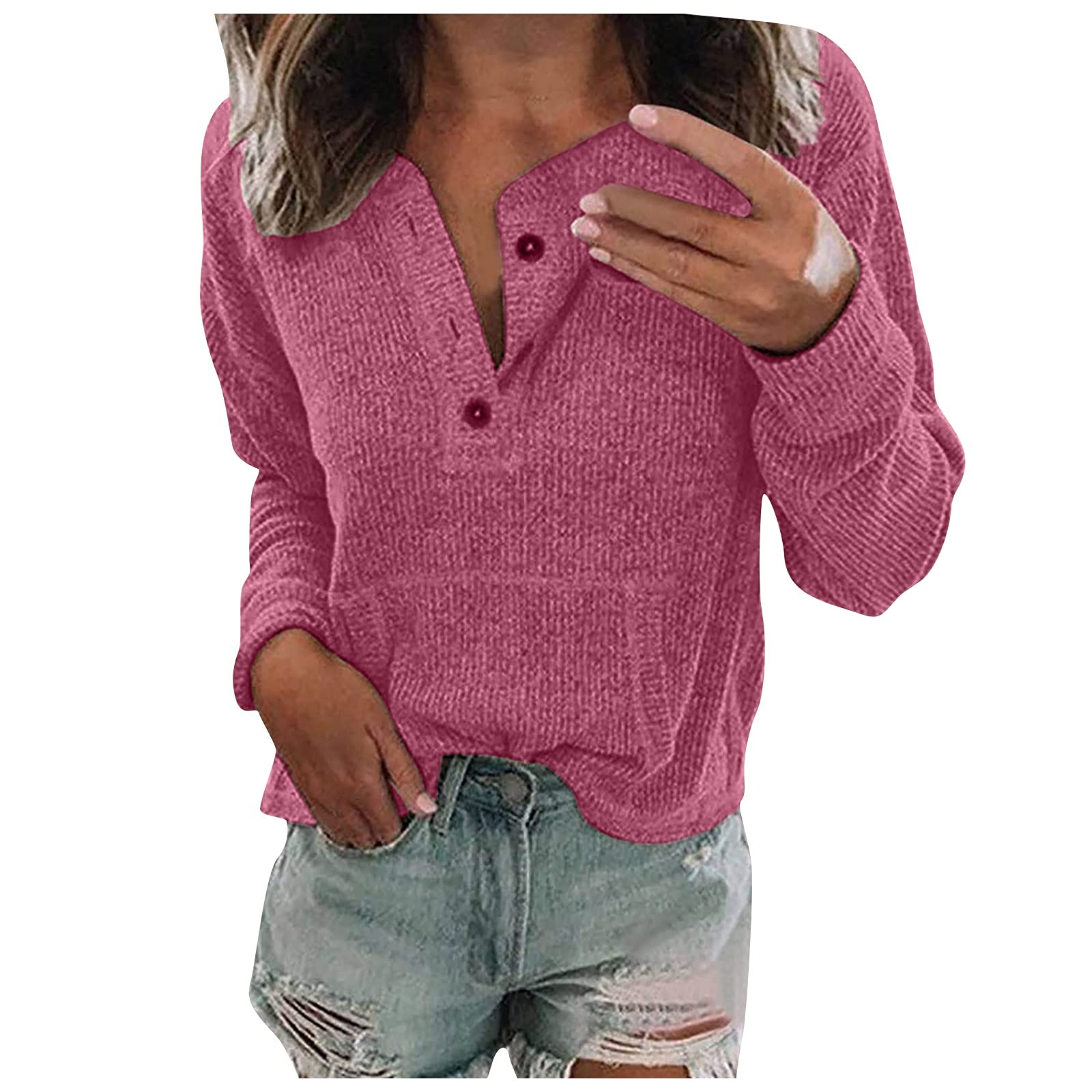 SERYU Women's Henley Shirts V-Neck Long Sleeve Button Down Tops - Soft Waffle Knit Casual Tee for Fall & Winter - Perfect for Work, Date Night & Layering