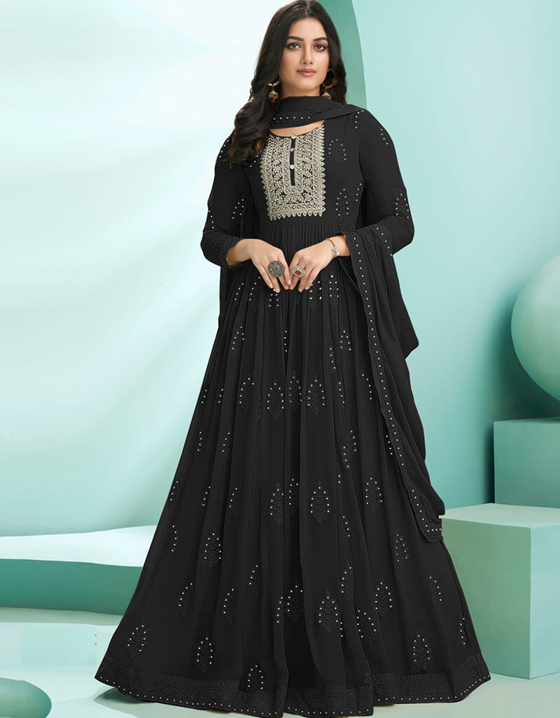 Elegant Black Anarkali Style Suit - Faux Georgette Fabric for Women's Ethnic Wear - Perfect for Weddings, Parties & Festive Occasions