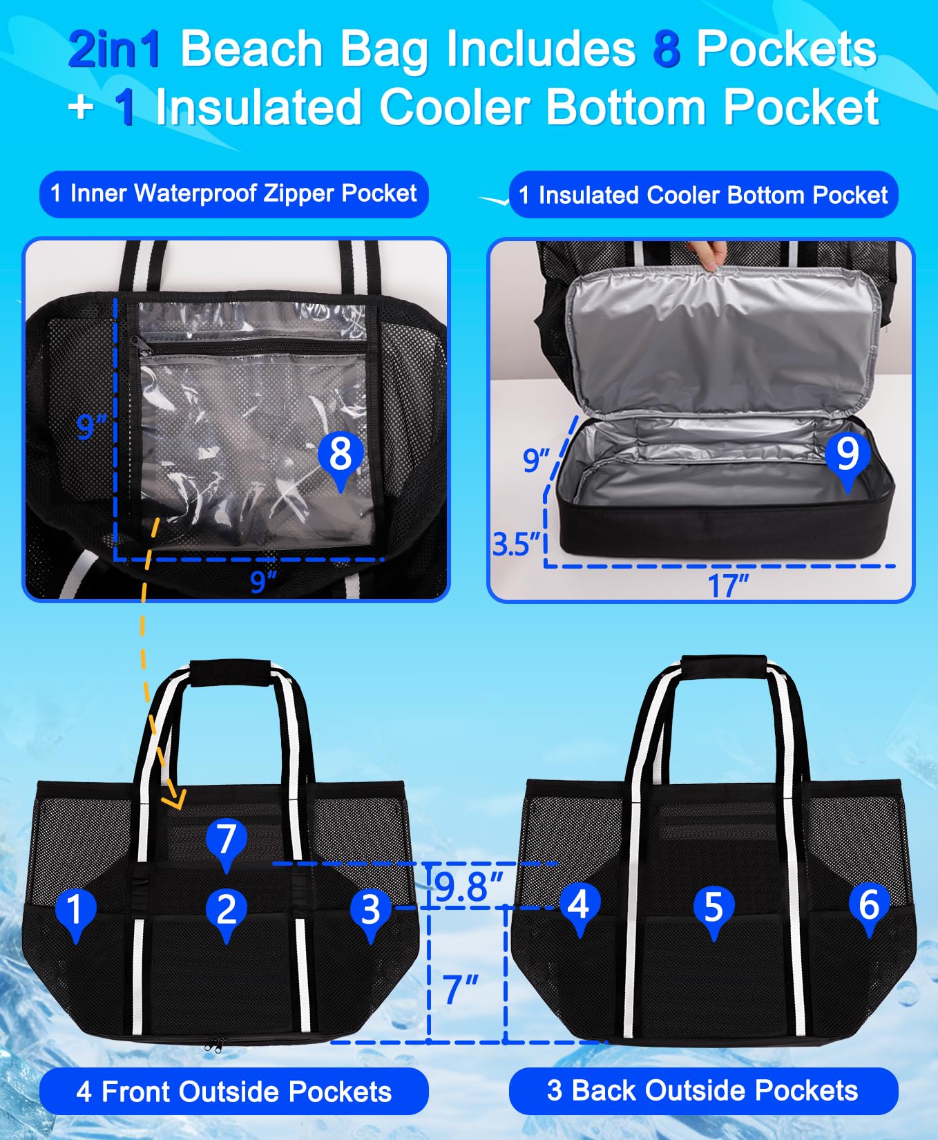 **Women's Beach Bag with Insulated Cooler & Waterproof Phone Pouch - 7 Exterior Pockets, Clear PVC Zipper Pocket - Perfect for Pool, Travel & Outdoor Adventures**