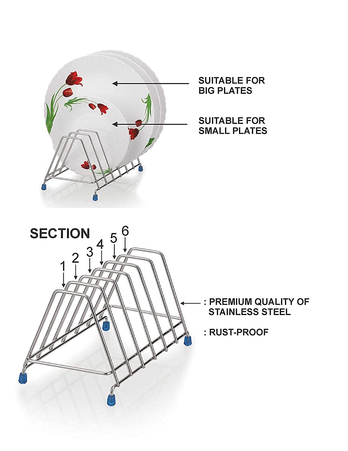 Stainless Steel Thali Rack - 6 Section Dish Drying Rack with Plate Stand & Utensil Holder (18x14x14cm) - Space Saving Kitchen Organizer for Countertop, Dish Drainer & Storage - Perfect for Indian Cooking, Restaurants & Home Kitchens