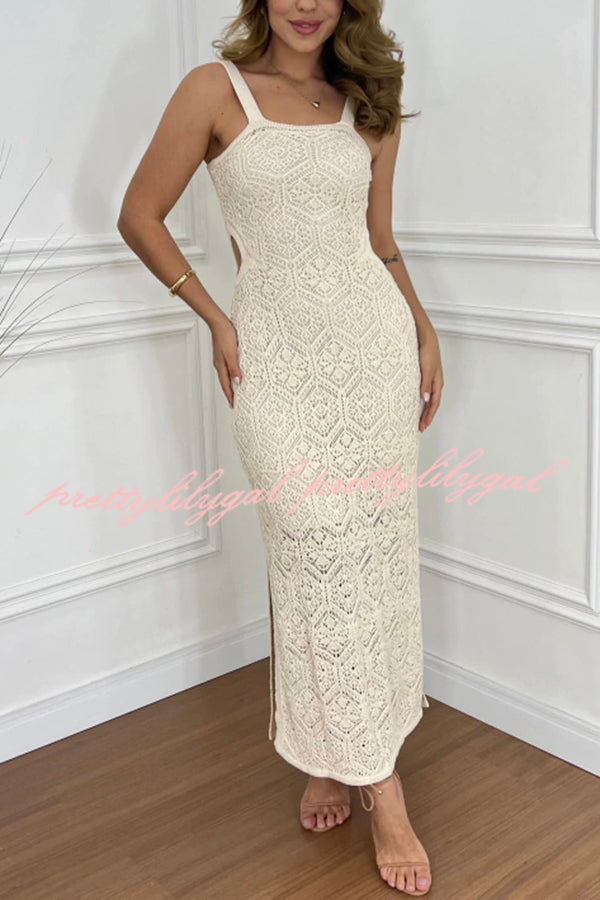 Zafina Women's Crochet Knit Cutout Waist Textured Slit Stretch Maxi Dress - Elegant Boho Summer Beach Party & Wedding Guest Outfit