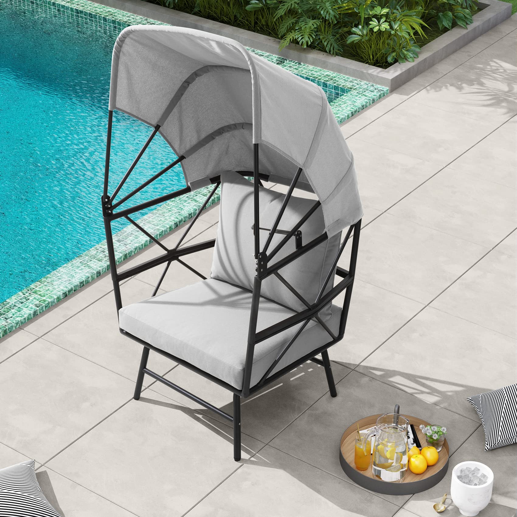 **VredHom Oversized Egg Chair with Aluminum Frame & Folding Canopy - Indoor/Outdoor Lounge Chair with 2 Cushions for Patio, Backyard, Garden, Living Room - Black & Grey (One Shape Base) - Perfect for Relaxing, Reading, or Sunbathing**