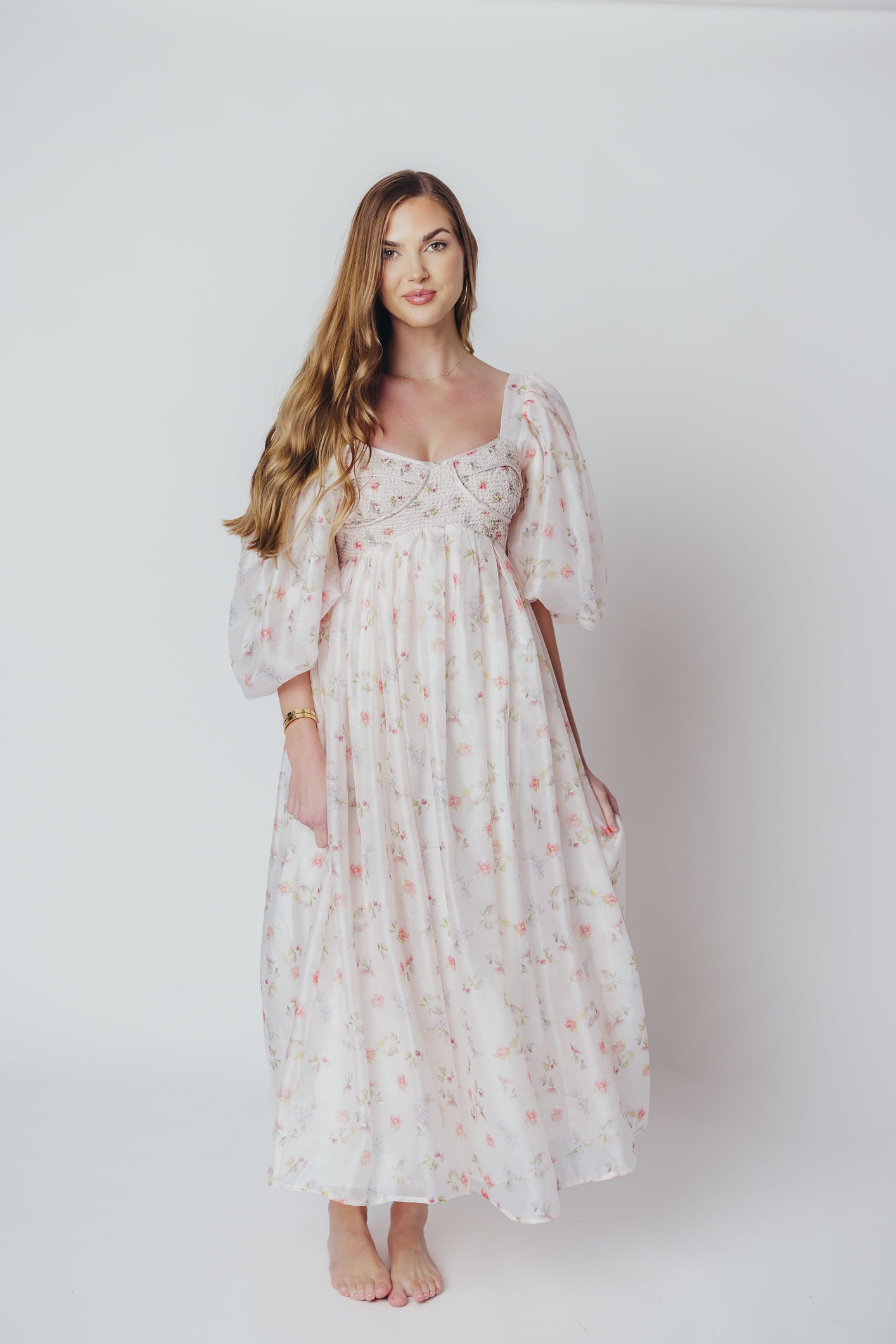 Harlow Maxi Dress - Tiny Pink Floral Print, Bump Friendly Maternity Dress, Inclusive Sizing S-3XL | Perfect for Summer Weddings, Beach Vacations & Casual Outings
