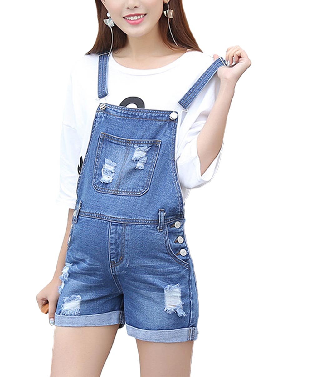 Women's Ripped Adjustable Lace-Up Denim Maternity Shortalls - Stylish & Comfortable Pregnancy Overalls for Casual Outings & Summer Maternity Fashion