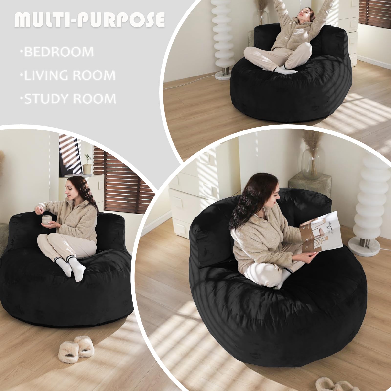 5FT Giant Bean Bag Chair with Memory Foam Filling - Dutch Velvet Cover for Adults, Kids & Teens - Large Black Beanbag Sofa with Back Support - Perfect for Living Room, Game Room & Dorm Relaxation