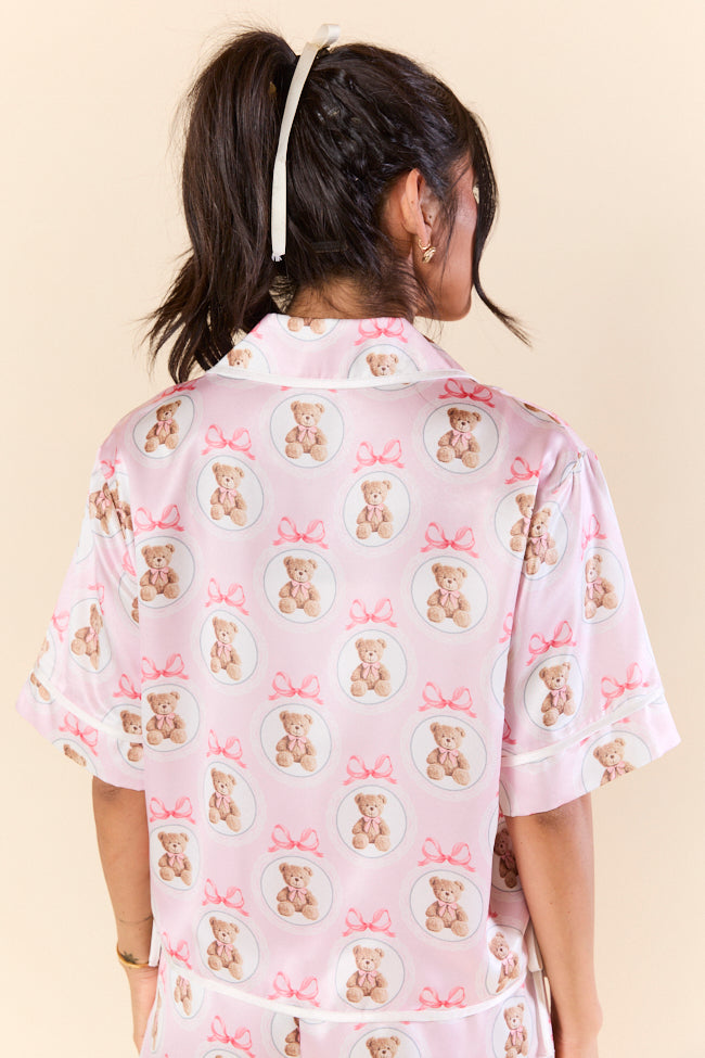 Cozy Teddy Bear Print Contrast Tie Detail Satin Short Sleeve Pajama Top for Women - Soft Sleepwear for Relaxing at Home & Cute Loungewear