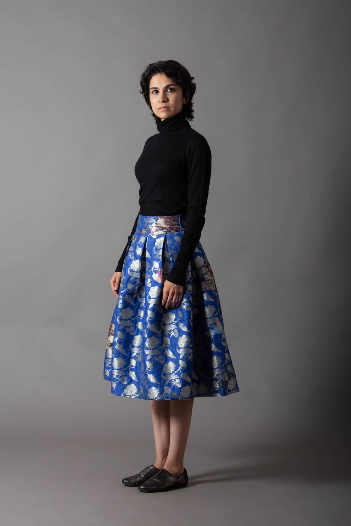 Elegant Cobalt Blue Box Pleated Midi Skirt - Silk Brocade Fabric for Women | Perfect for Office Wear, Cocktail Parties & Special Occasions