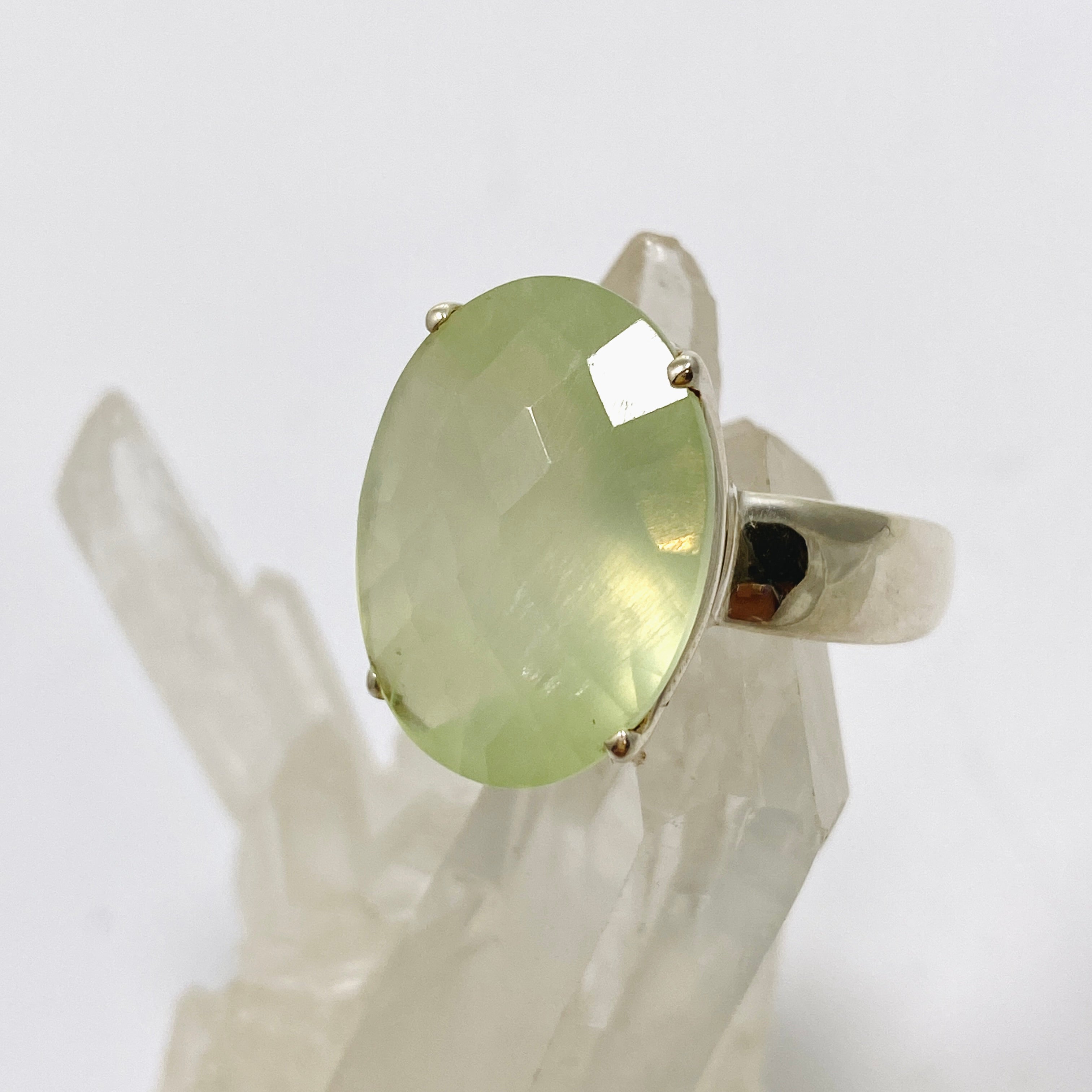 Prehnite Oval Checkerboard Faceted Ring Size 9 - Dainty Gemstone Jewelry for Women - Perfect for Engagement, Wedding & Everyday Wear