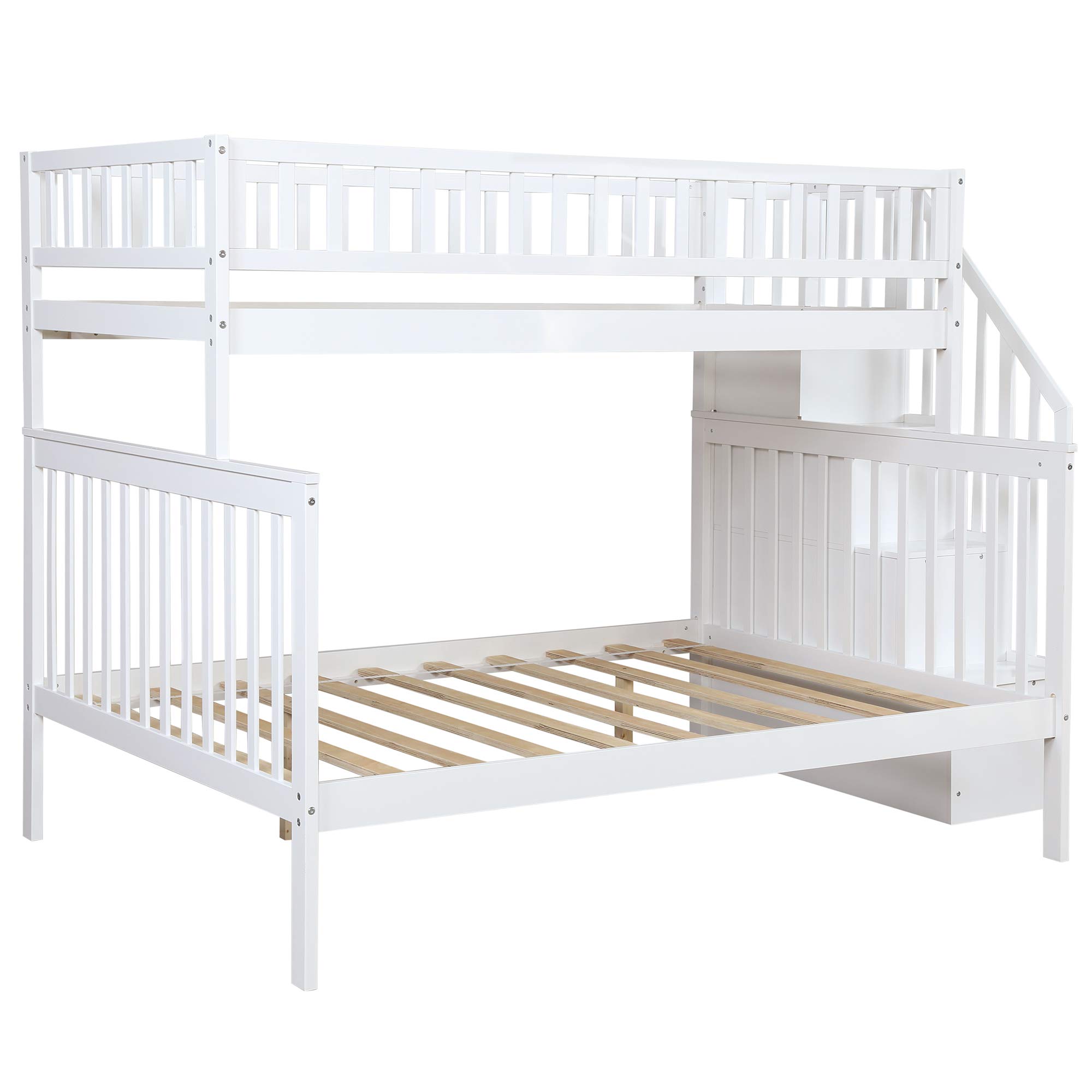 Twin Over Full Bunk Bed Frame for Kids - Solid Wood Bunk Beds with Storage Drawers, Safety Guard Rails & Staircase - White | Space-Saving Bedroom Solution for Siblings or Sleepovers