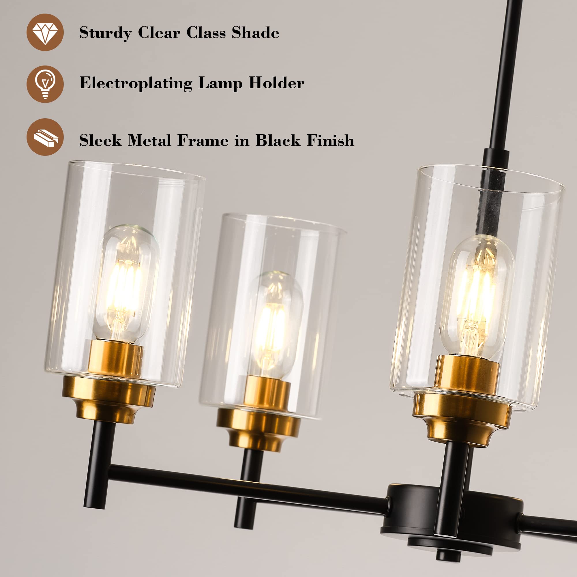 5-Light Glass Farmhouse Chandelier - Modern Black & Gold Pendant Lighting for Dining Room, Kitchen Island, Foyer, Living Room & Bedroom | Elegant Ceiling Fixture for Home Decor & Dining Ambiance