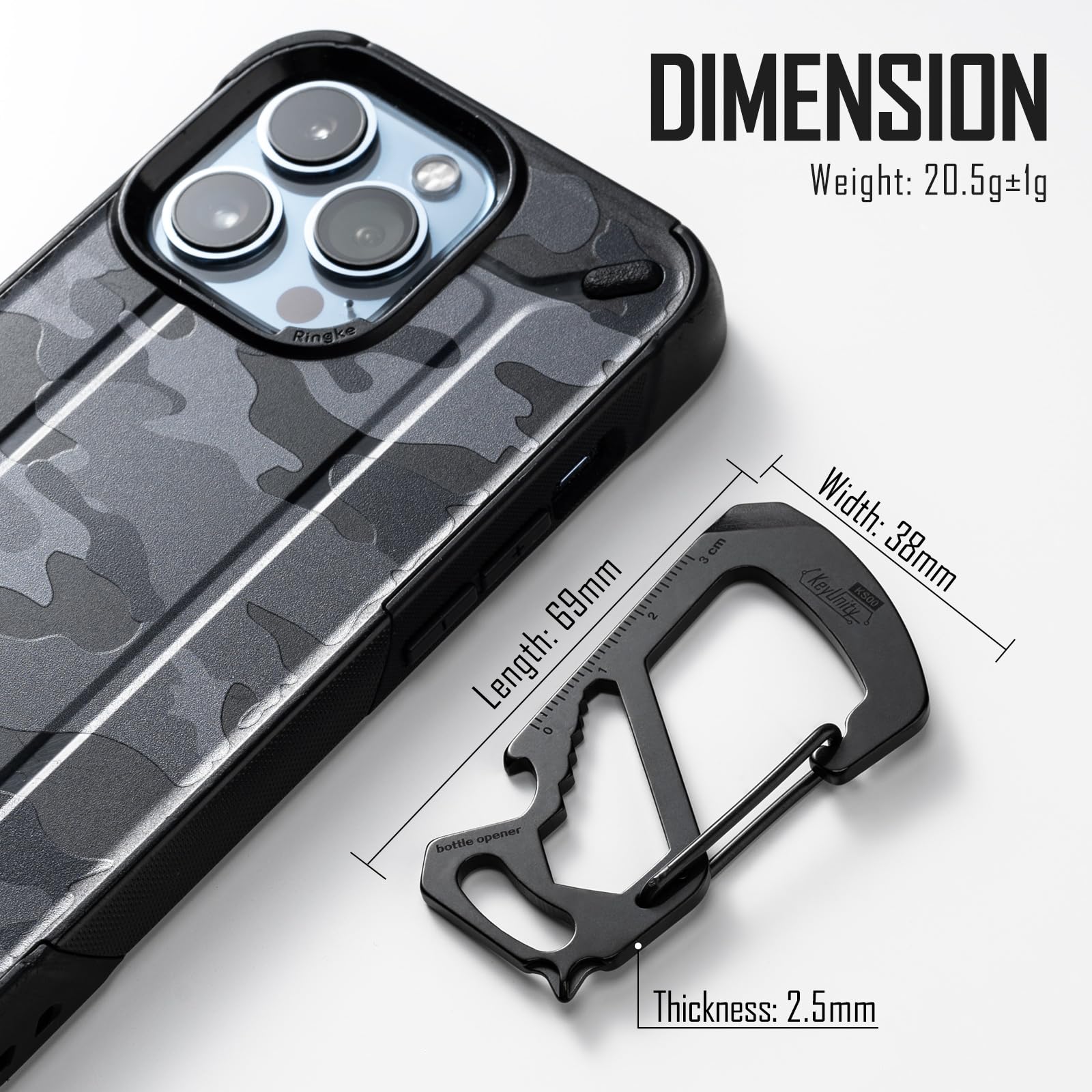KeyUnity KS00BK 7-in-1 Stainless Steel Multitool Carabiner Clip - Includes Quick Release Clasp, Wrench, Cross/Slotted Screwdrivers, Bottle Opener, Ruler & Key Holder (PVD Black) - Perfect for Camping, Hiking, DIY Repairs & Everyday Carry