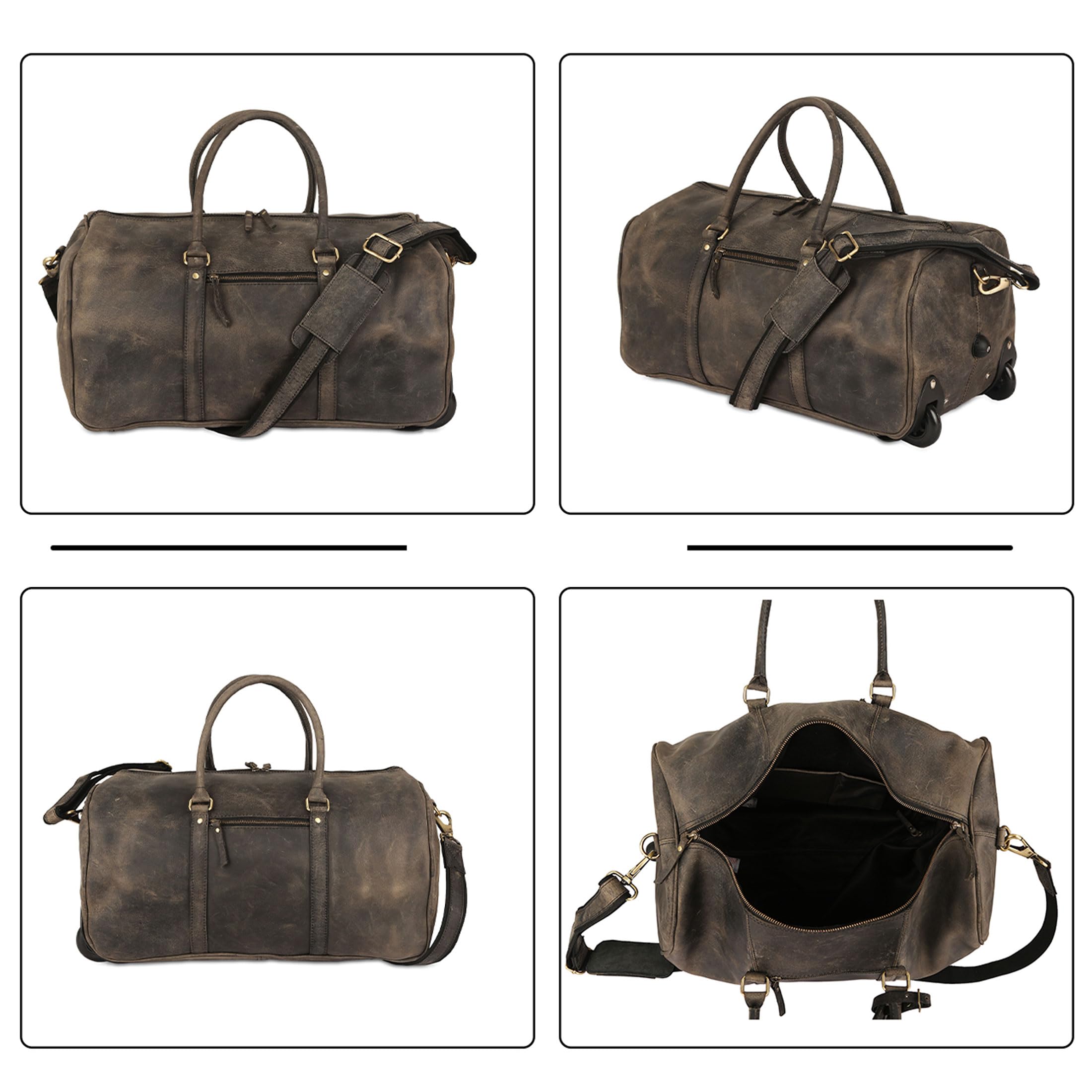 Durable 21 Inch Leather Rolling Travel Duffle Bag with Wheels for Men & Women - Perfect for Gym, Sports, Weekend Trips & Cabin Luggage | Easy Carry Overnight Bag for Travel & Commuting