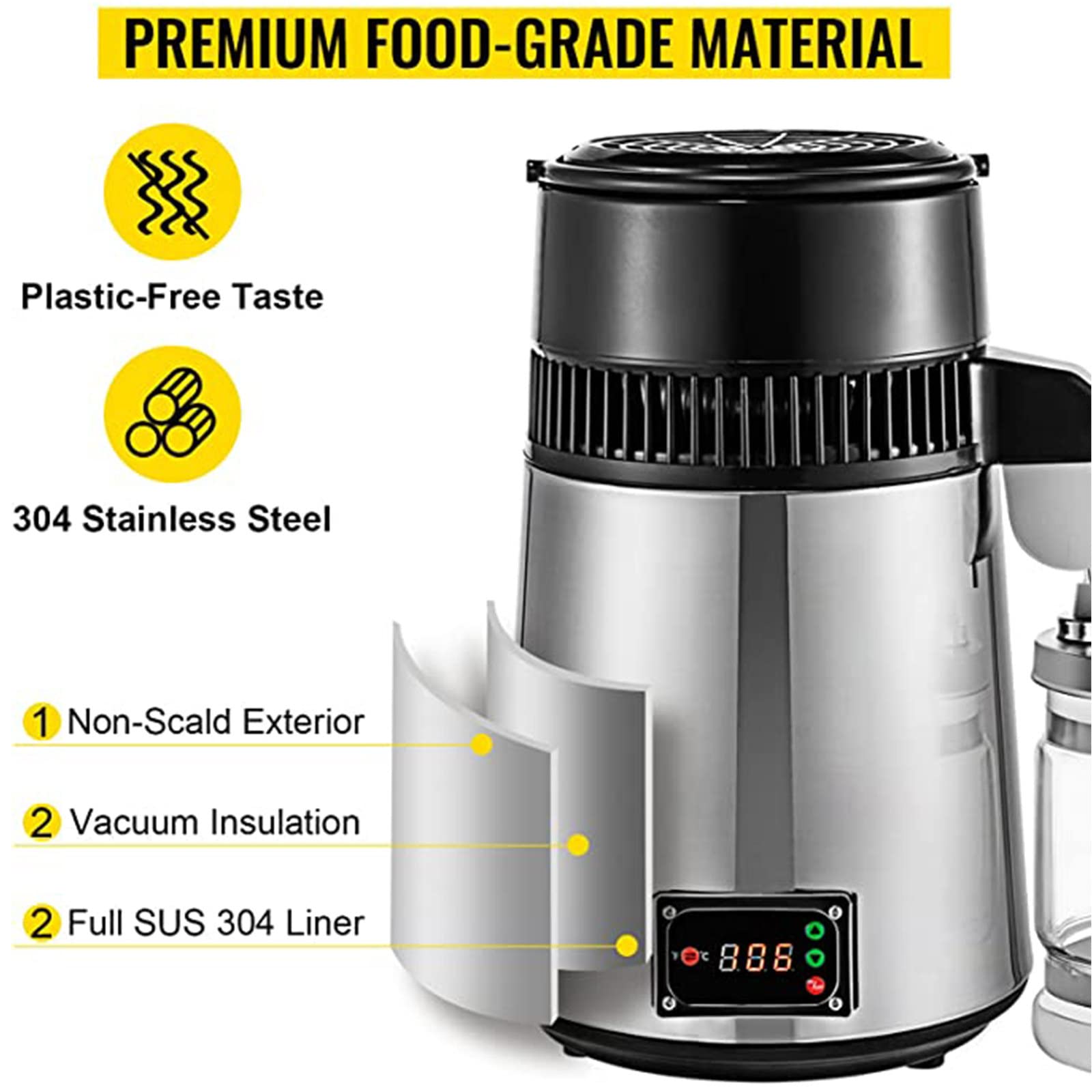 XYEJL 4L Stainless Steel Water Distiller Machine - 750W Countertop Water Purification System with Glass Collection Bottle for Home & Office Use | Perfect for Drinking, Cooking, and Emergency Preparedness