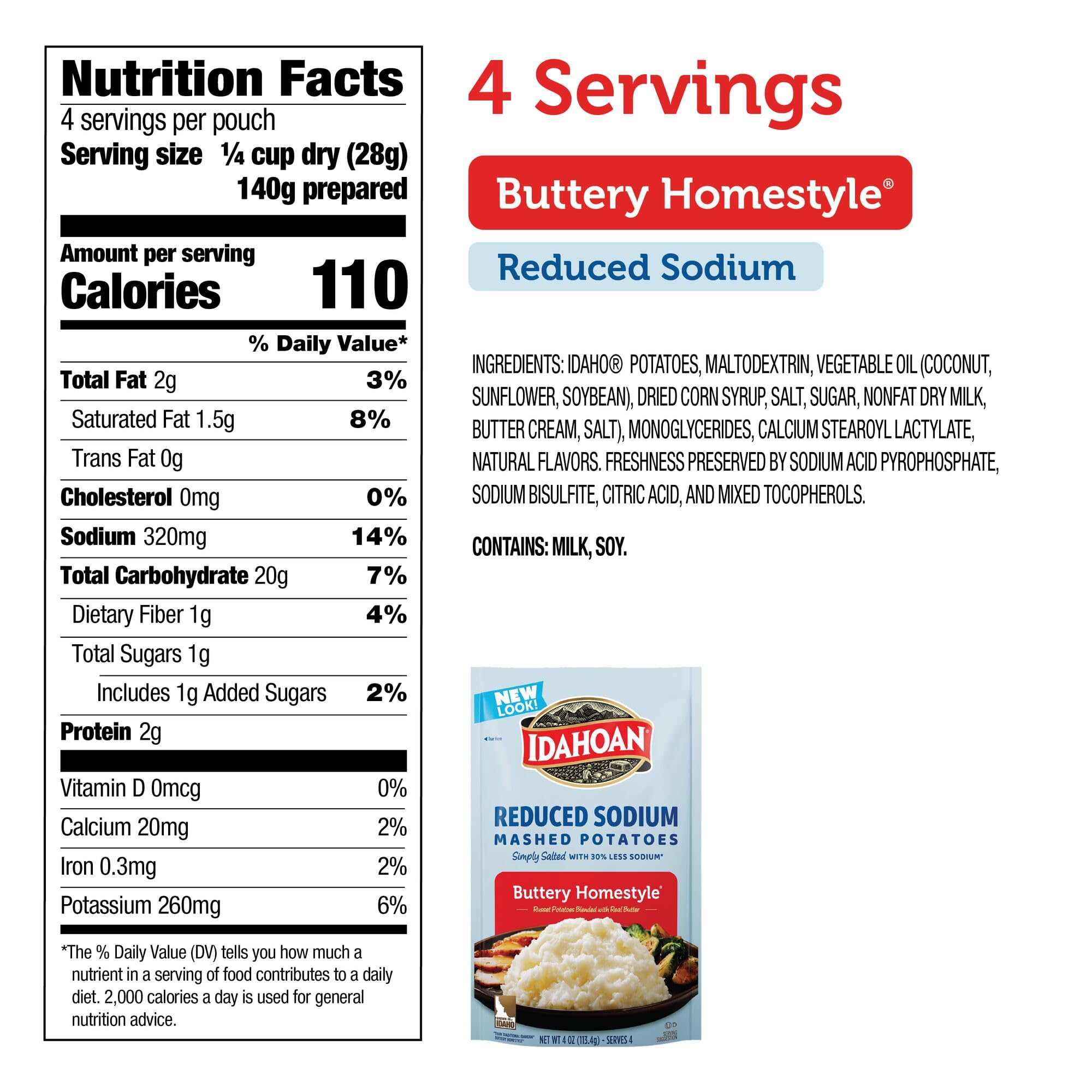 Idahoan Buttery Homestyle Mashed Potatoes - Low Sodium, 4oz (Pack of 12) | Quick & Easy Side Dish for Thanksgiving, Family Dinners & Meal Prep