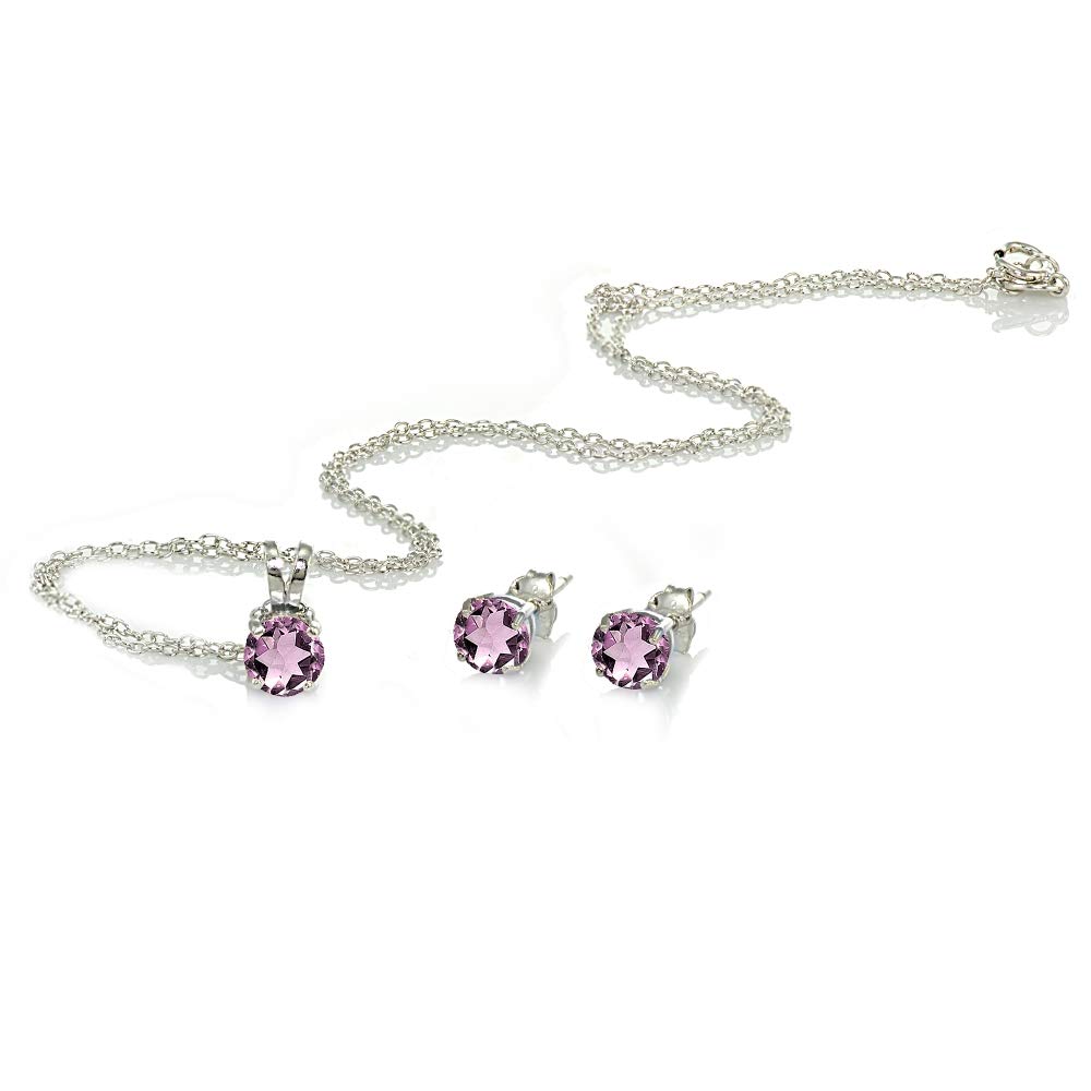Women's Jewelry Set - Sterling Silver Necklace & Earrings with 5mm Round Birthstone (Genuine/Synthetic Gem) | Perfect for Gifts, Anniversaries & Everyday Wear