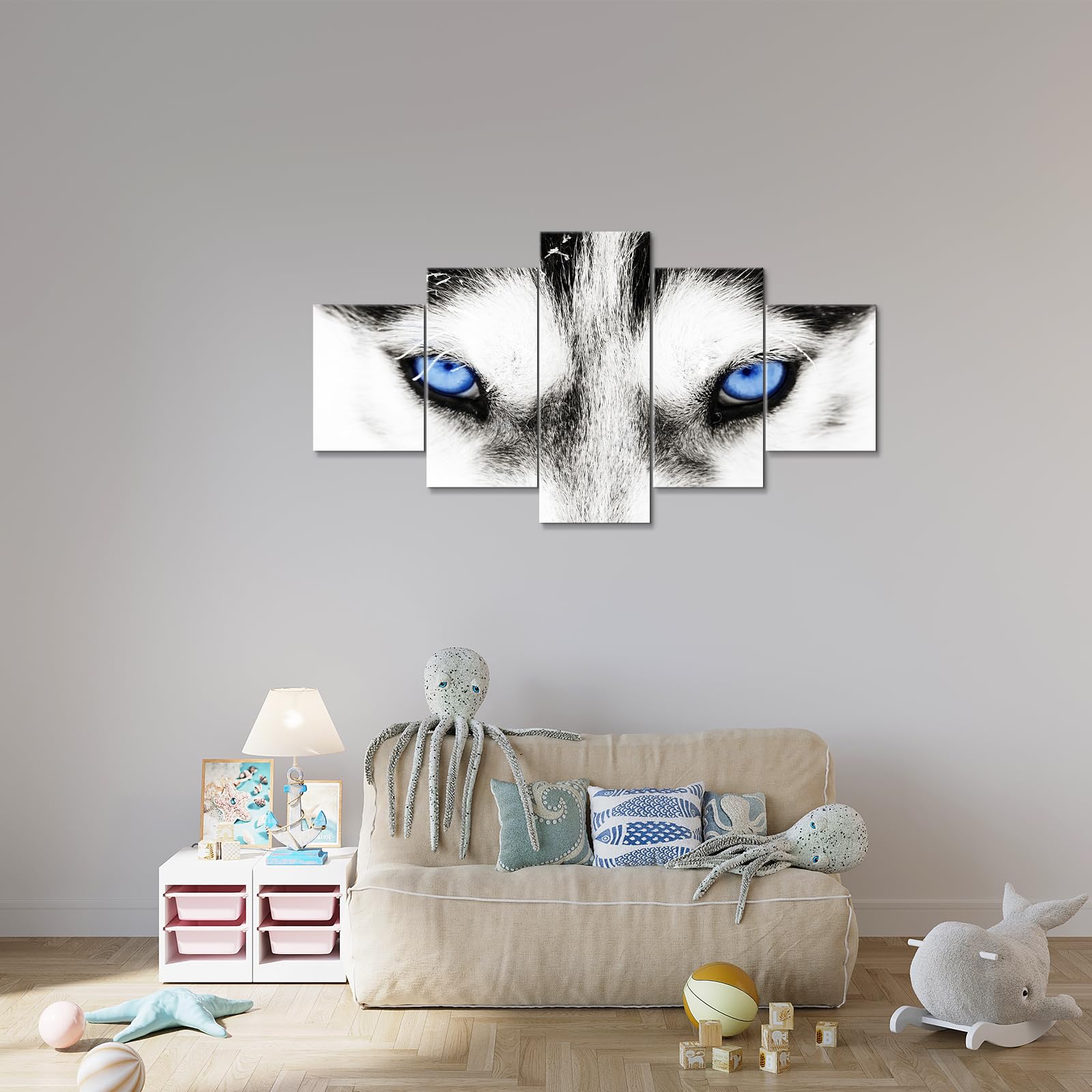 5-Piece Dog Canvas Wall Art Set - Husky Painting with Blue Eyes, Animal Wall Decor for Living Room & Bedroom - 60''W x 32''H - Perfect for Pet Lovers & Home Decoration