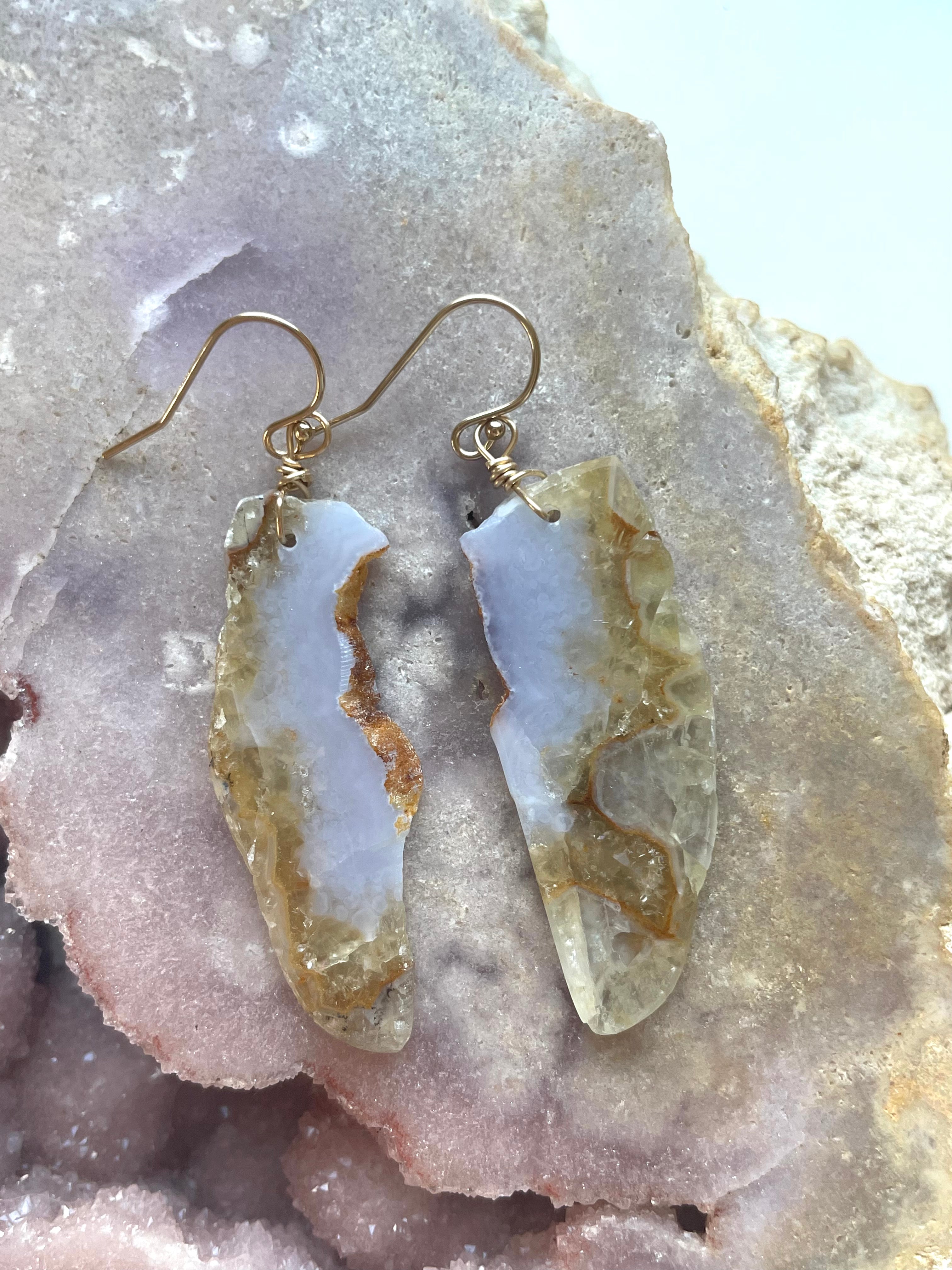 Large Blue Lace Agate Gold Filled Statement Crystal Gemstone Earrings for Women | Elegant Dangle Earings for Party, Wedding & Special Occasions | Handmade Boho Jewelry Gift