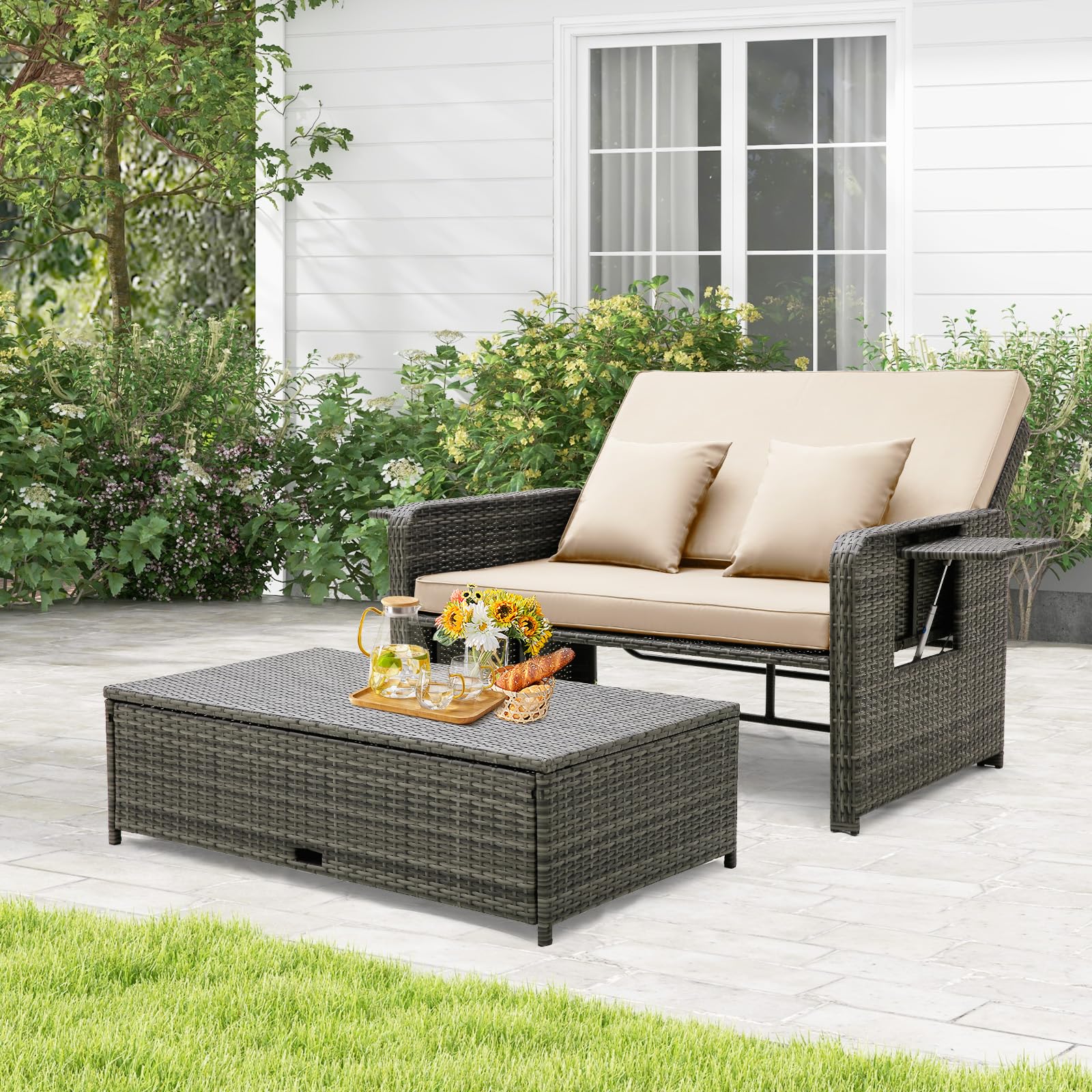Tangkula Patio Rattan Daybed Set with Adjustable Backrest - Wicker Loveseat Sofa, Ottoman & Retractable Side Tray - Outdoor Furniture with Storage Footstool & Cushions - Perfect for Poolside, Garden or Patio Relaxation