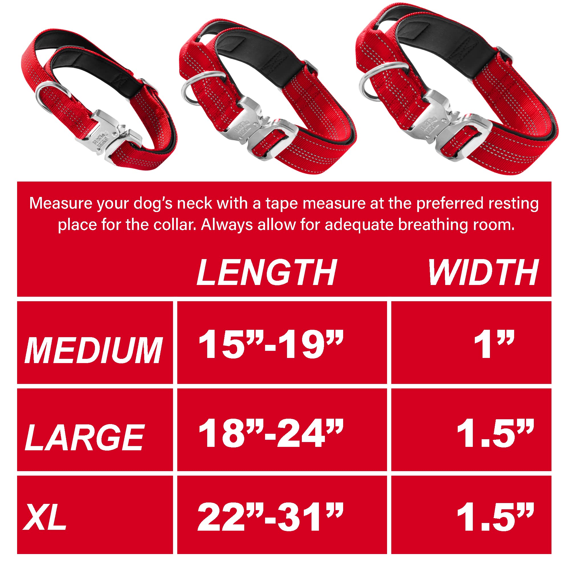 Black Rhino - Heavy Duty Tactical Dog Collar with Ultra-Soft Neoprene Padding for Medium, Large & XL Dogs | Durable Metal Buckle | Padded Handle for Training & Walking | Perfect for Outdoor Adventures, Hiking & Security (Large, Red)