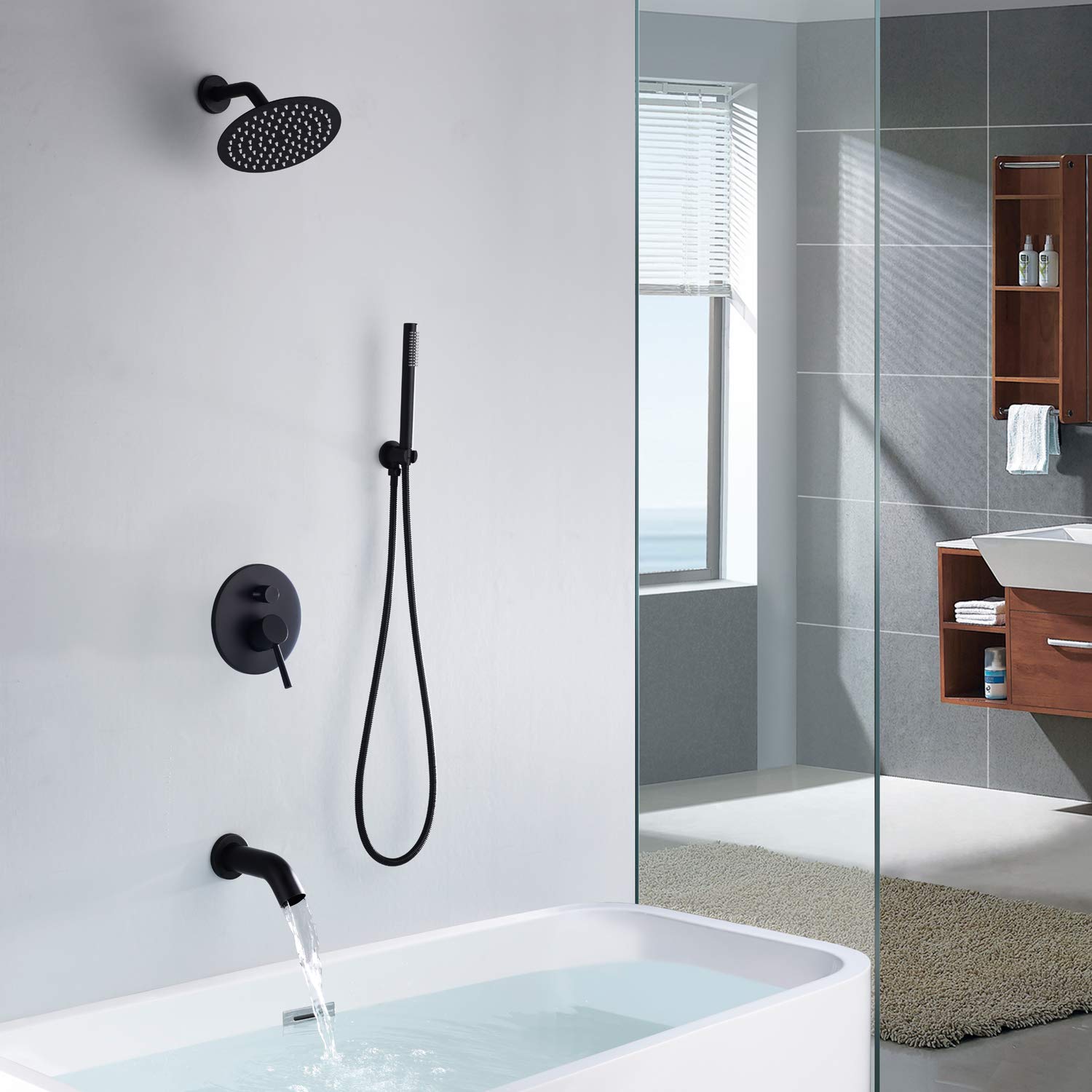 Premium Matte Black Rain Shower System with Waterfall Tub Spout - Complete 8 Inch Rainfall Shower Head & Handheld Sprayer Set - Modern Bathroom Faucet for Luxury Spa Experience at Home
