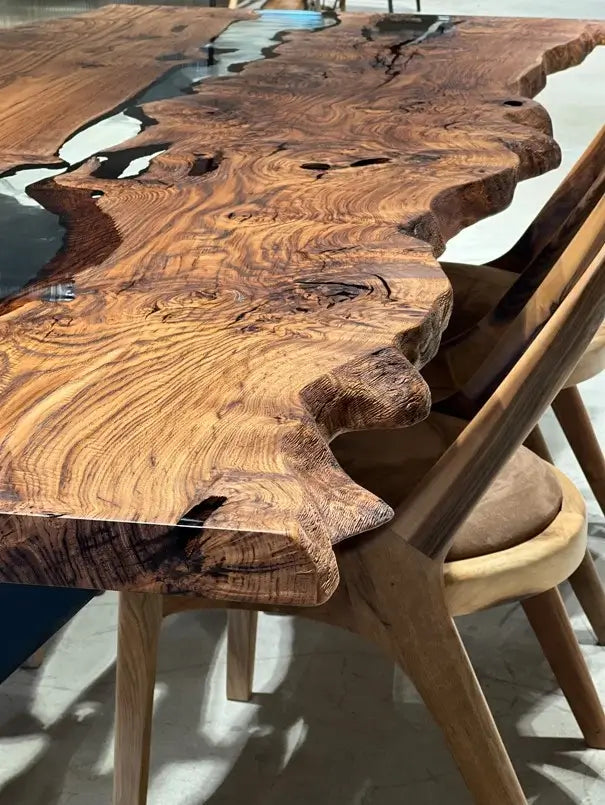 Handcrafted Live Edge Epoxy Resin River Dining Table - Solid Chestnut Wood - Perfect for Modern Farmhouse, Rustic & Contemporary Dining Rooms